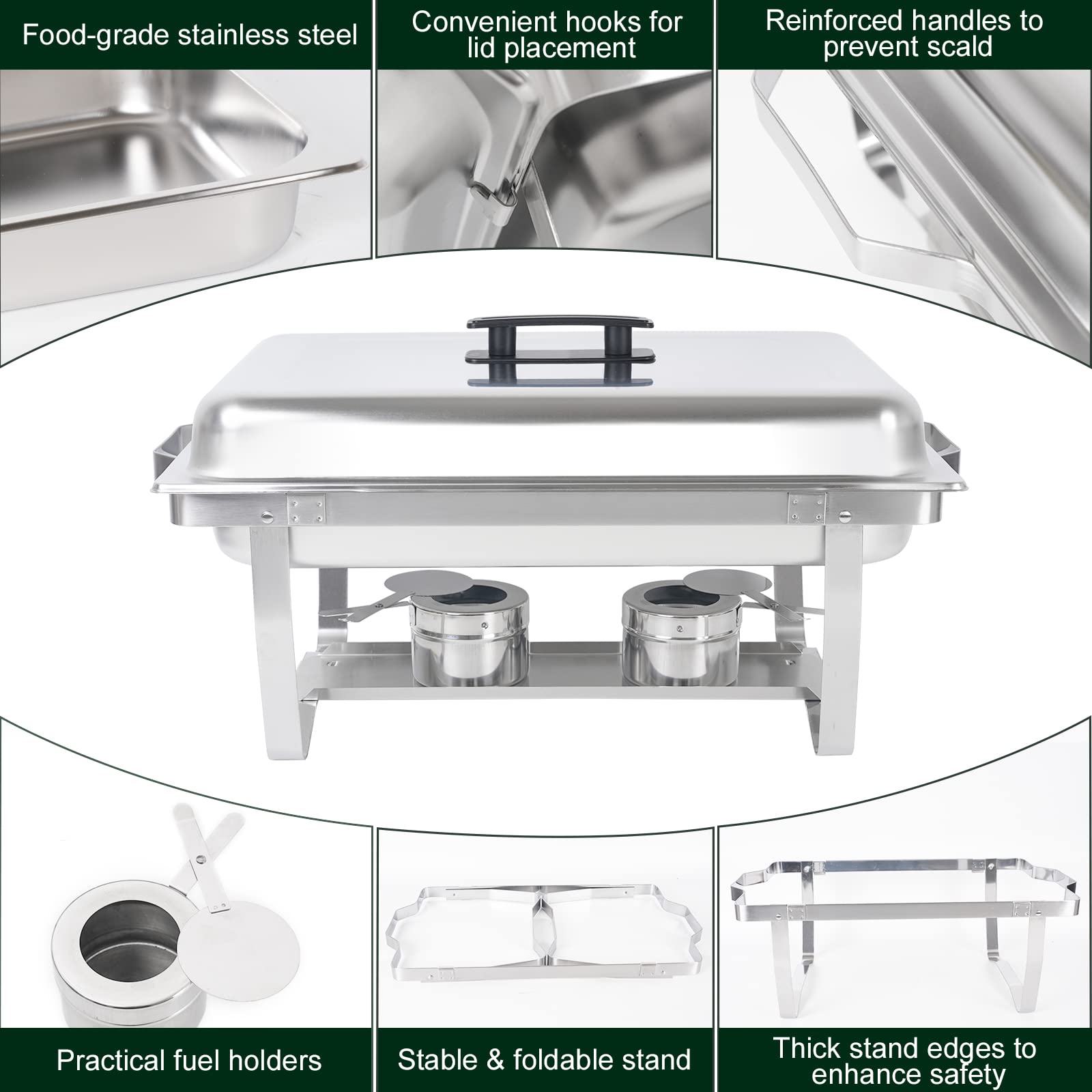 4 Pack Stainless Steel Chafing Dish Buffet Set - 8QT Rectangular Catering Warmers with Food Pan, Water Pan, Lid & Foldable Frame - Perfect for Parties, Weddings, Holidays & Buffet Serving