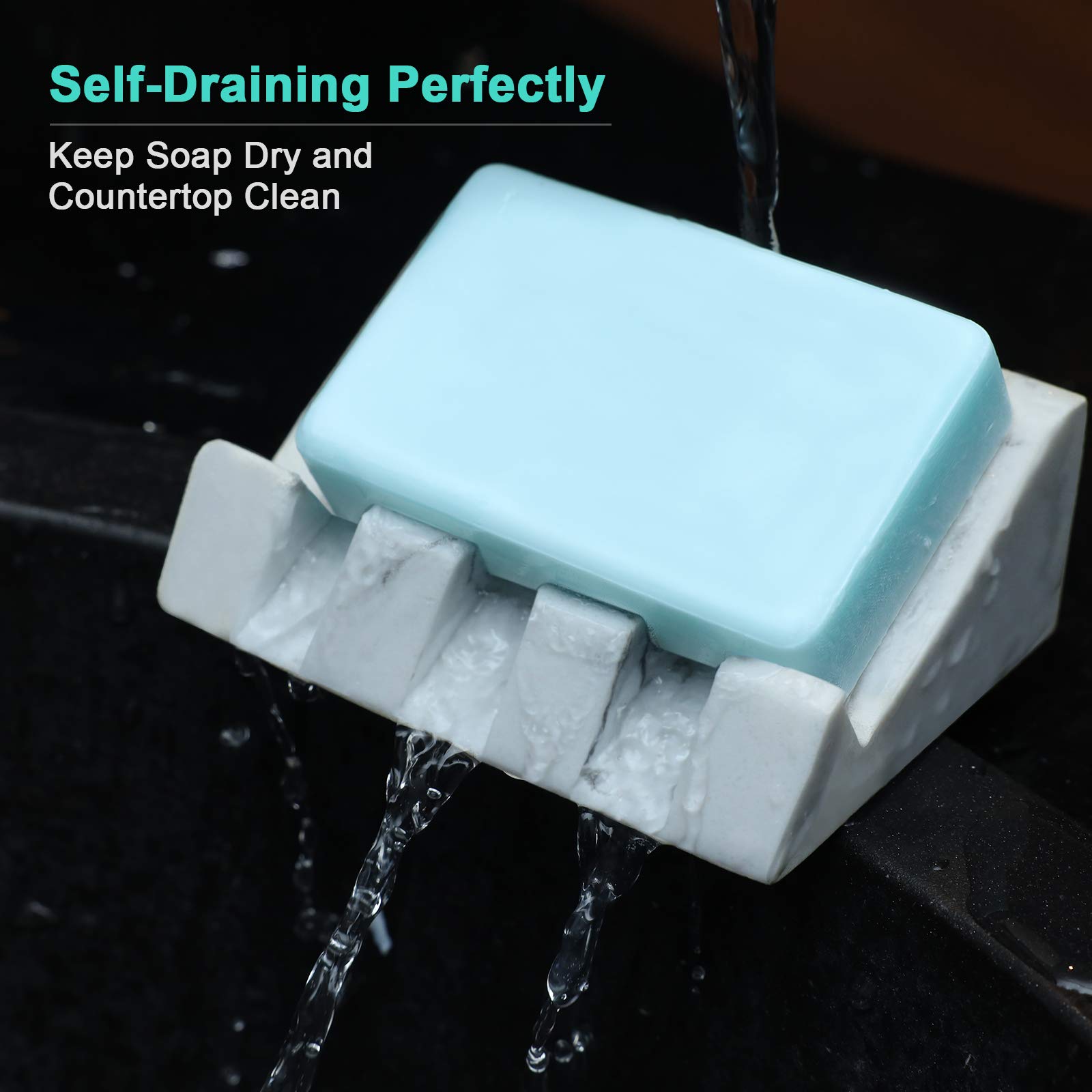 White Marble Soap Dish with Drain - Self Draining Soap Holder Tray for Bathroom & Shower - Modern Waterfall Design Bar Soap Saver - Easy Clean Bath Accessories for Sink Countertop Decor