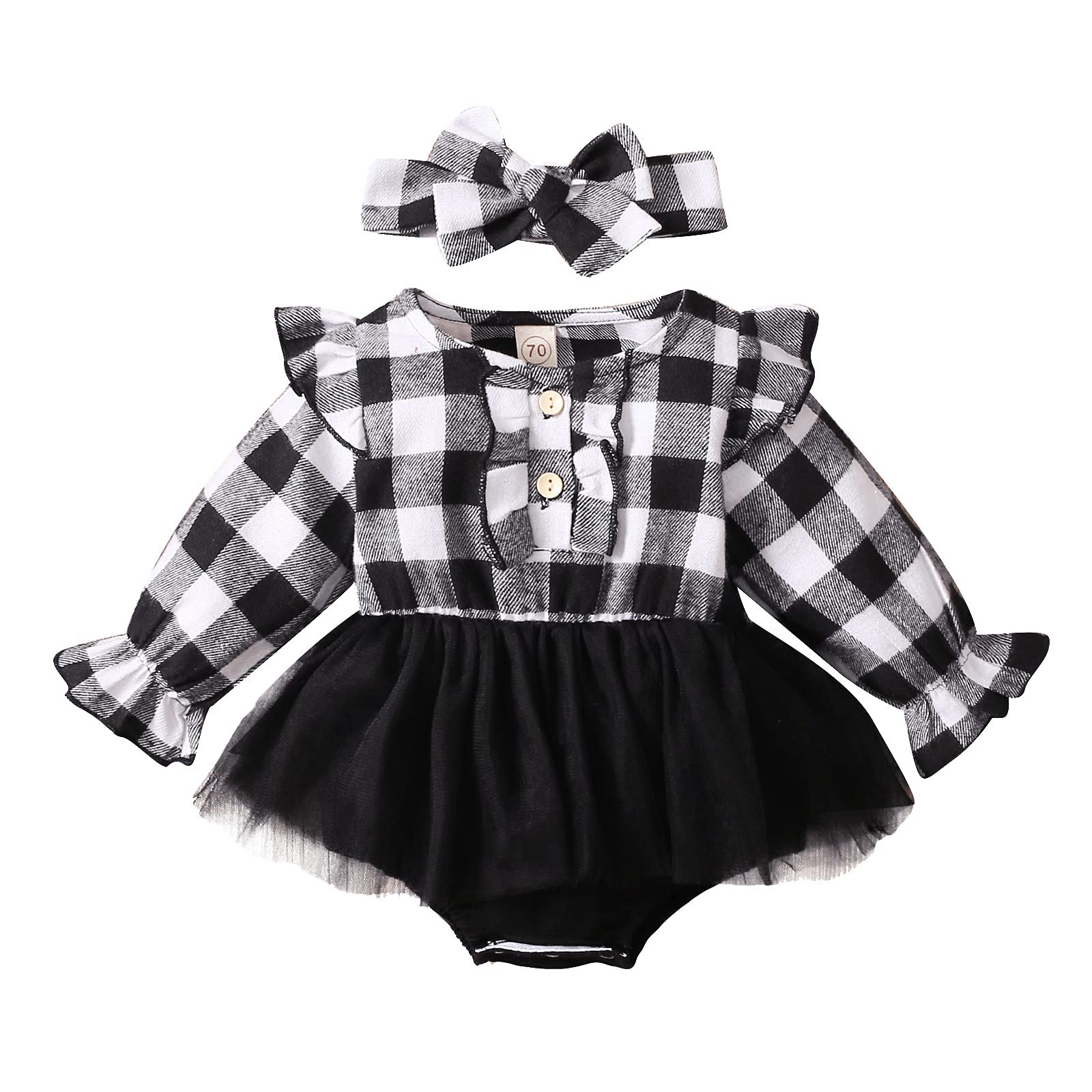 IKFIVQD Baby Girl Clothes - Long Sleeve Plaid Print Ruffle Tulle Romper Bodysuit with Headband Set for 3 Year Olds | White | Newborn Photoshoot, Birthday Party Outfit, Holiday Dress