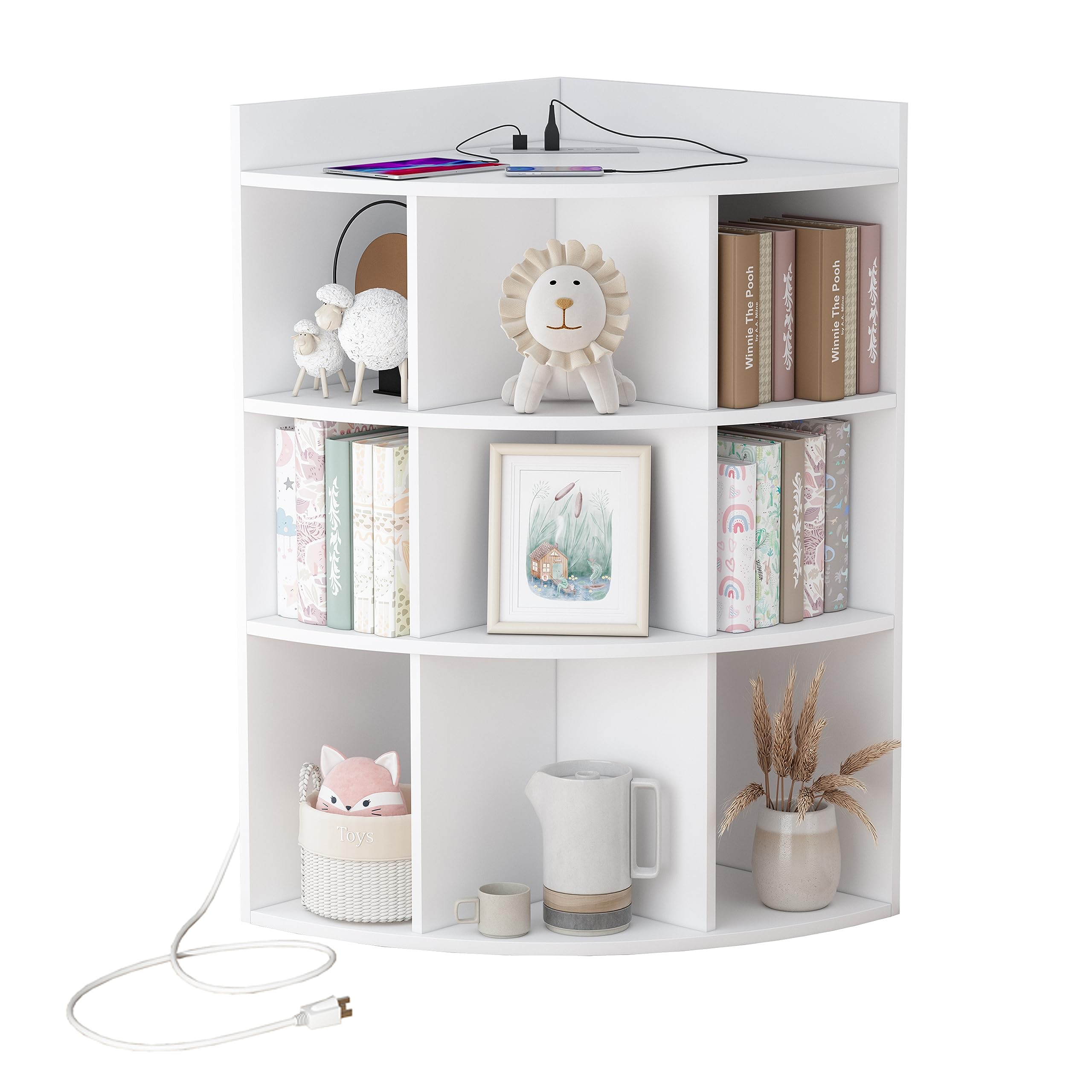 White 9-Cube Wooden Corner Cabinet Organizer with Charging Station - Multi-Purpose Toy Storage & Bookshelf for Playroom, Living Room, Bedroom - Space-Saving Corner Shelf for Home Organization