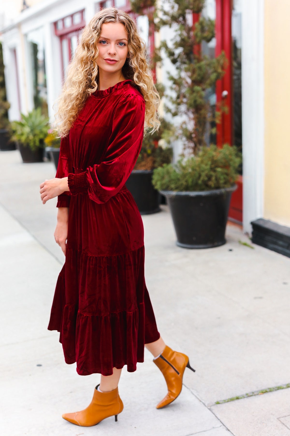 Burgundy Velvet Mock Neck Smocked Waist Dress for Women - Elegant Holiday Party & Christmas Dinner Outfit