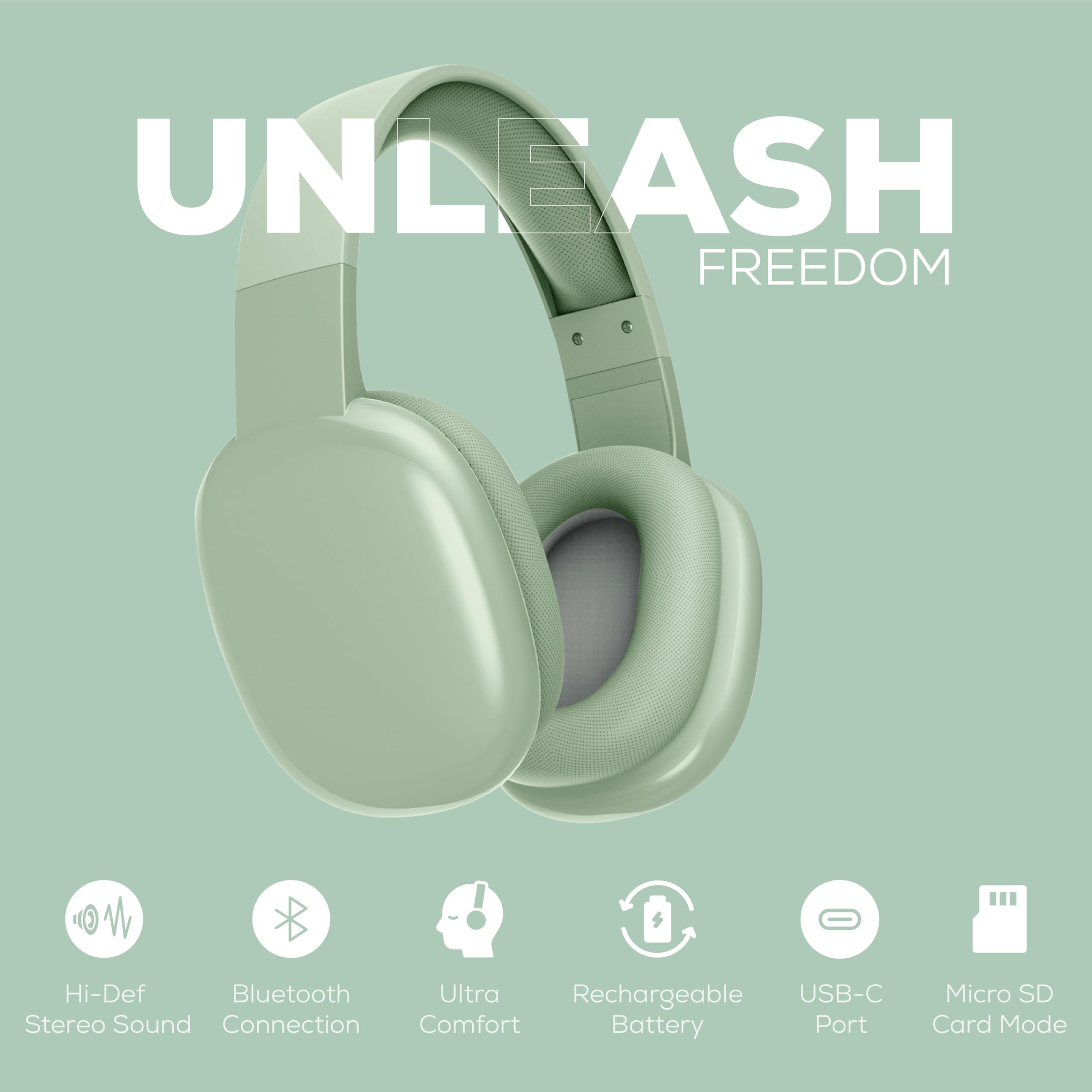 Gabba Goods Wireless Over-Ear Bluetooth Headphones with Microphone - Noise Cancelling Headset for Travel, Home & Office - Bluetooth 5.0, Wired Mode, Built-in Micro SD - Compatible with TV, PC, Gaming & Smartphones (Mint Green) - Perfect for Commuting, Work Calls & Entertainment