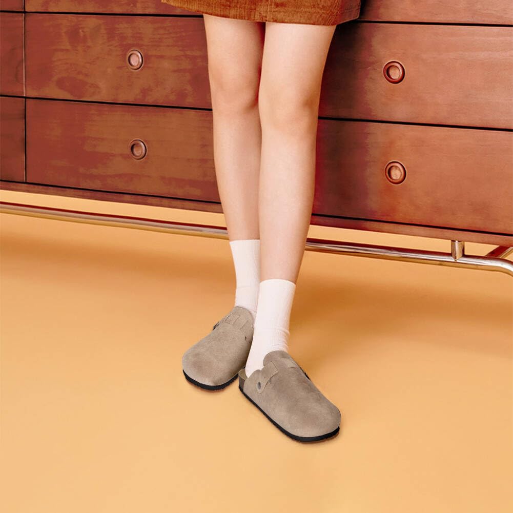 Women's Suede Soft Leather Clogs - Classic Cork Slip-Resistant Mules with Buckle | Waterproof House Slippers & Comfortable Sandals for Indoor/Outdoor Wear