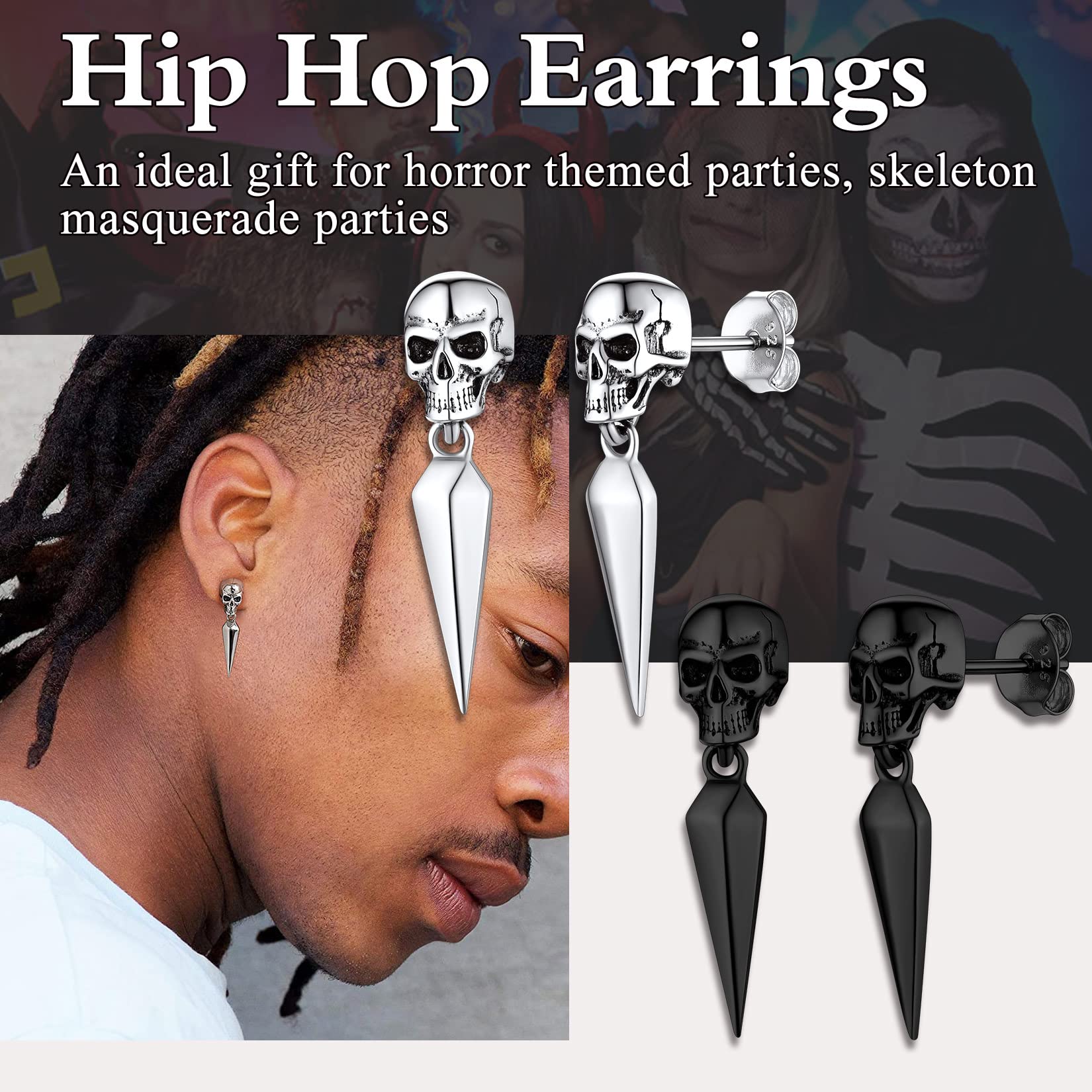 Suplight 925 Sterling Silver Black Skull Earrings - Gothic Punk Spike Dangle Earrings for Men & Women - Perfect for Halloween, Cosplay and Alternative Fashion