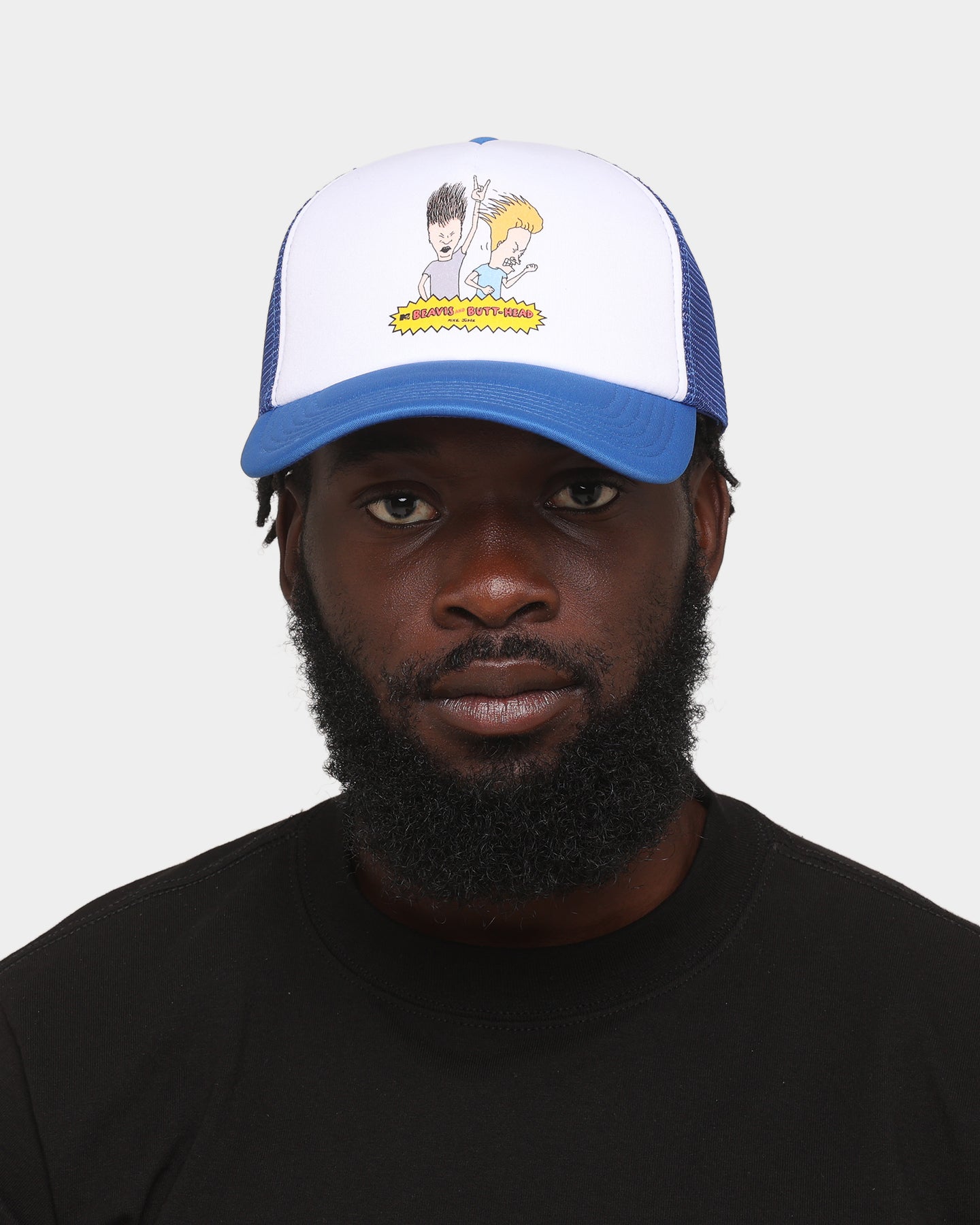 Beavis & Butthead Rock Trucker Snapback Hat - White/Royal Blue Adjustable Baseball Cap for Men & Women - Perfect for Concerts, Festivals, and Casual Streetwear Style