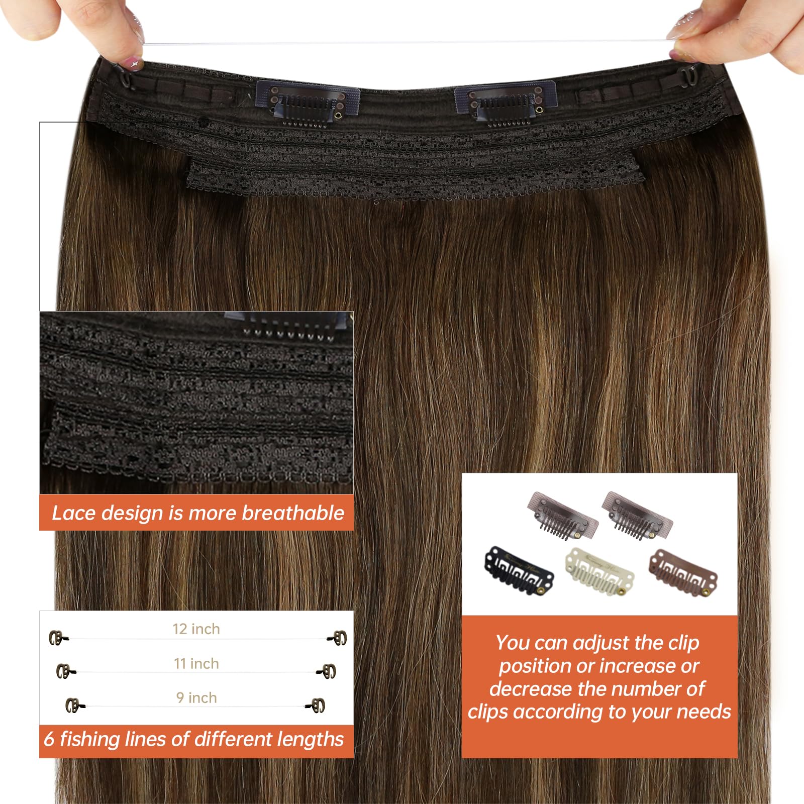 Sunny Wire Hair Extensions 20 Inch - Real Human Hair, Fish Line, Invisible Wire Extensions in Dark Brown to Caramel Blonde with Dark Brown Highlights (#4/27/4) - Perfect for Parties, Weddings & Everyday Styling