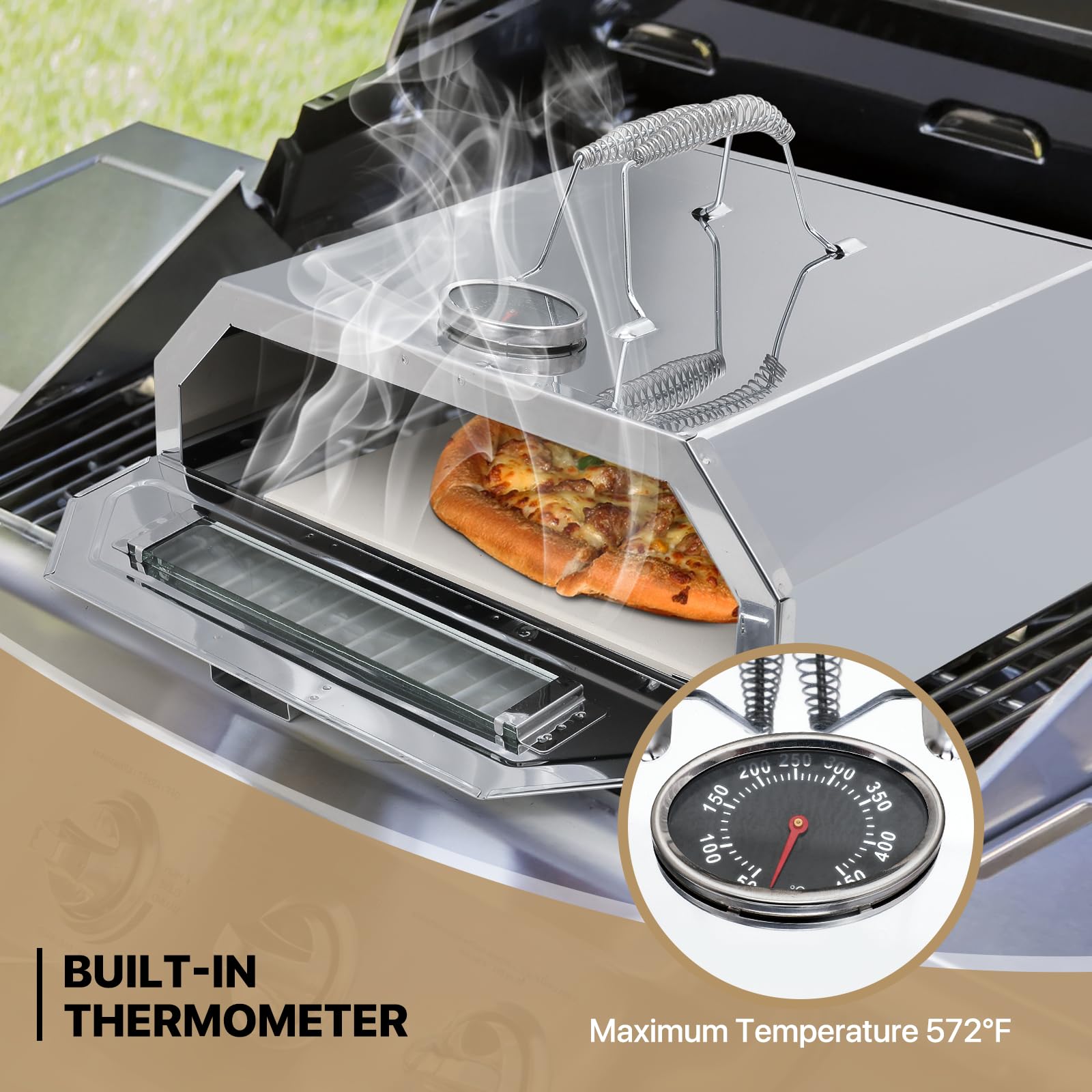 MoNiBloom 15-Inch Portable Stainless Steel Outdoor Pizza Oven - Charcoal Pizza Maker & Cooking Grill with Built-in Thermometer for Backyard, Camping, Parties & Outdoor Cooking | Perfect for Picnics, Tailgating & Family Gatherings