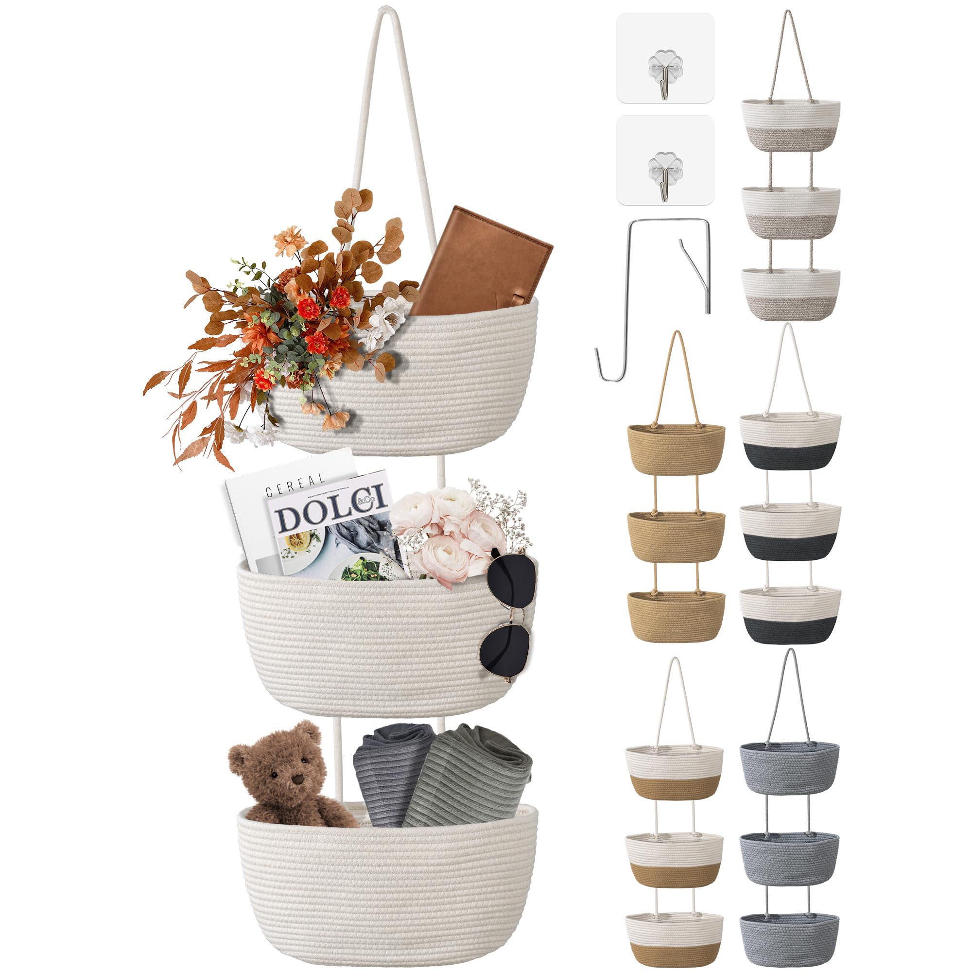 3-Tier Wall Mounted Woven Hanging Basket Organizer - Over The Door Storage with Hooks - Decorative Removable Closet Organizer - Large Woven Wall Basket for Bedroom, Living Room & Kitchen (White) - Perfect for Storing Blankets, Towels & Home Decor