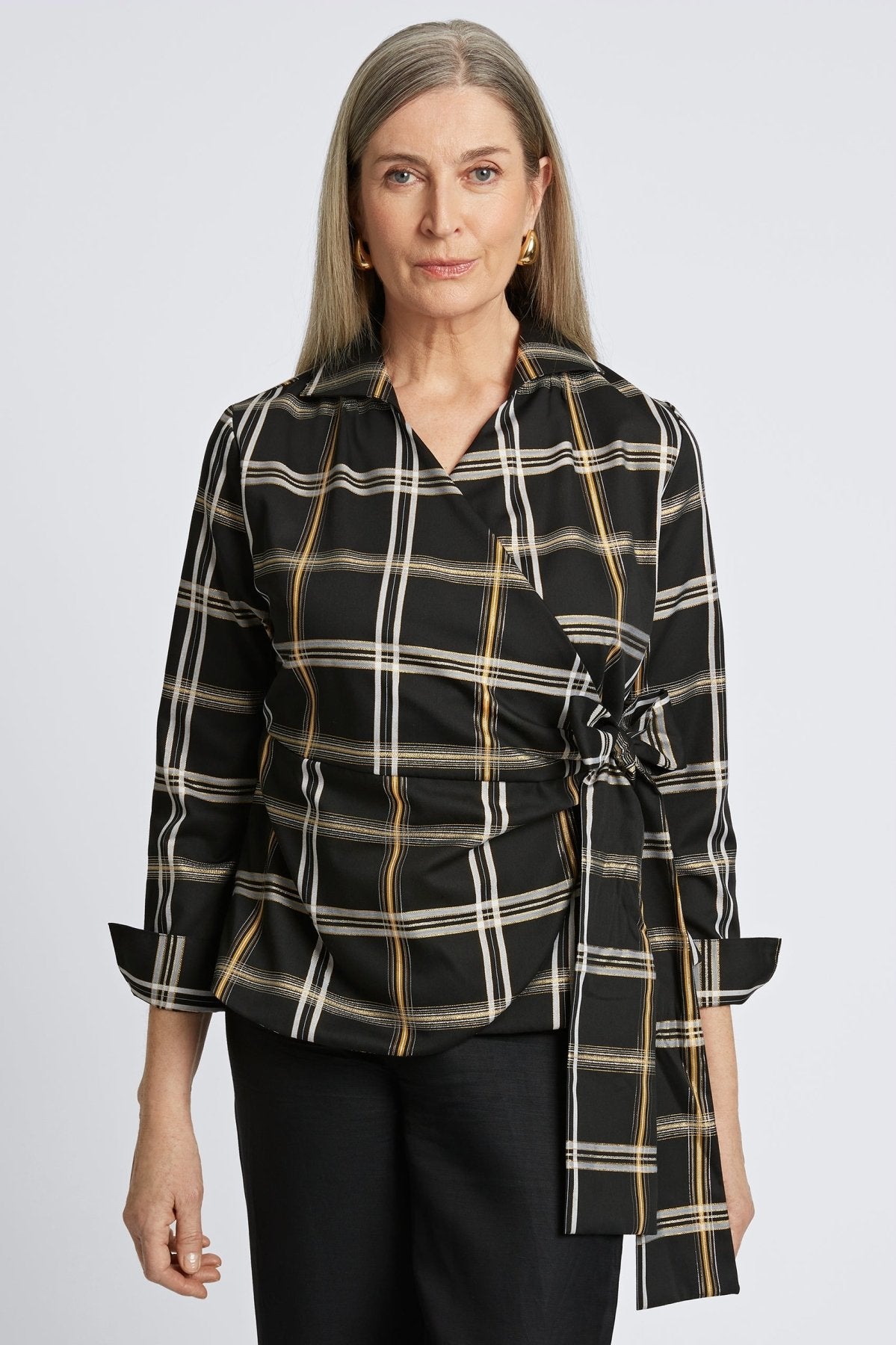 Salina Gold & Silver Lurex Plaid Long Sleeve Shirt for Women - Elegant Party Top for Holiday Gatherings & Night Out