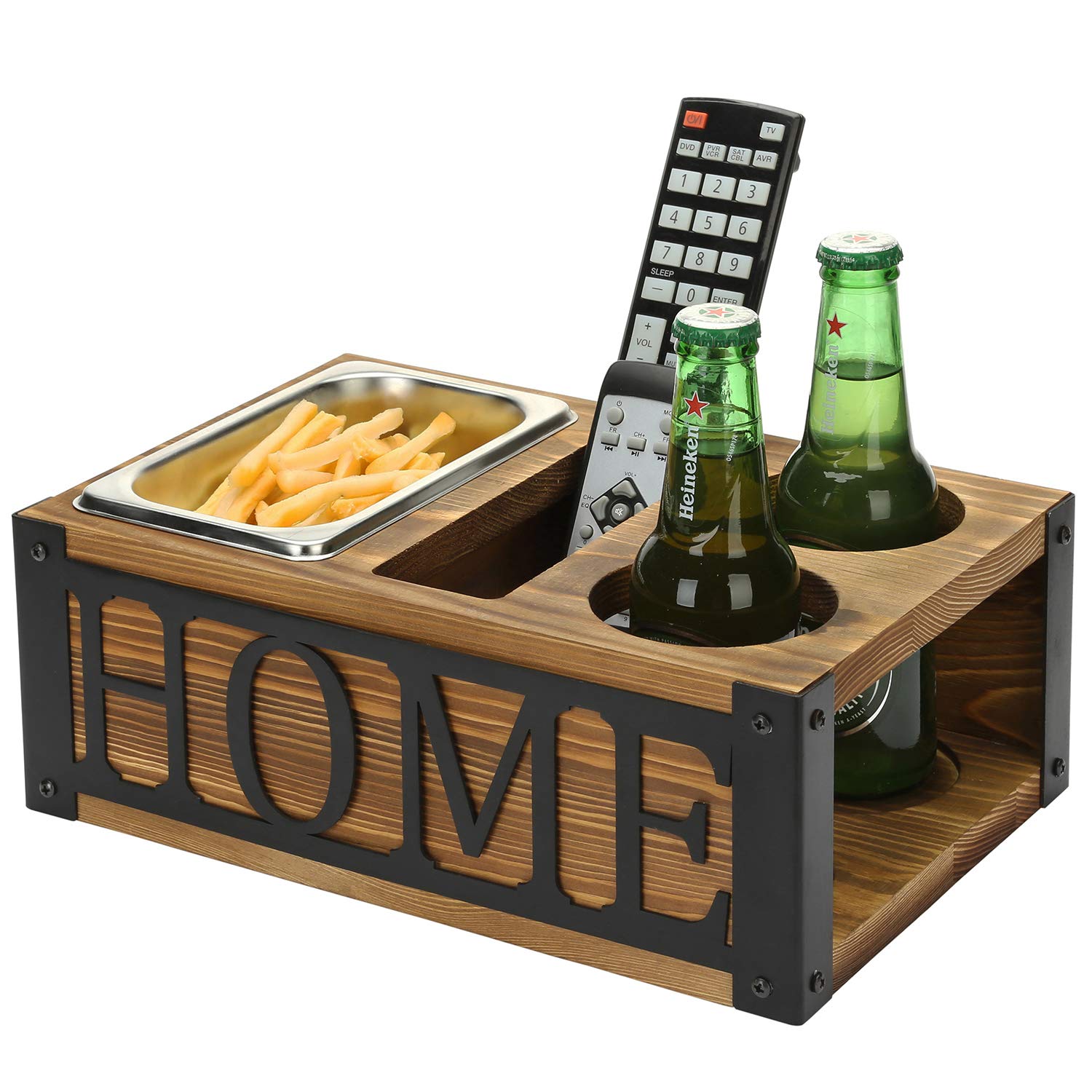 Rustic Burnt Wooden Snack Tray Caddy - Drink Holder & Coffee Table Organizer with Black Metal Lettering - Perfect for TV Snacks, Remote Control Storage, and Living Room Decor