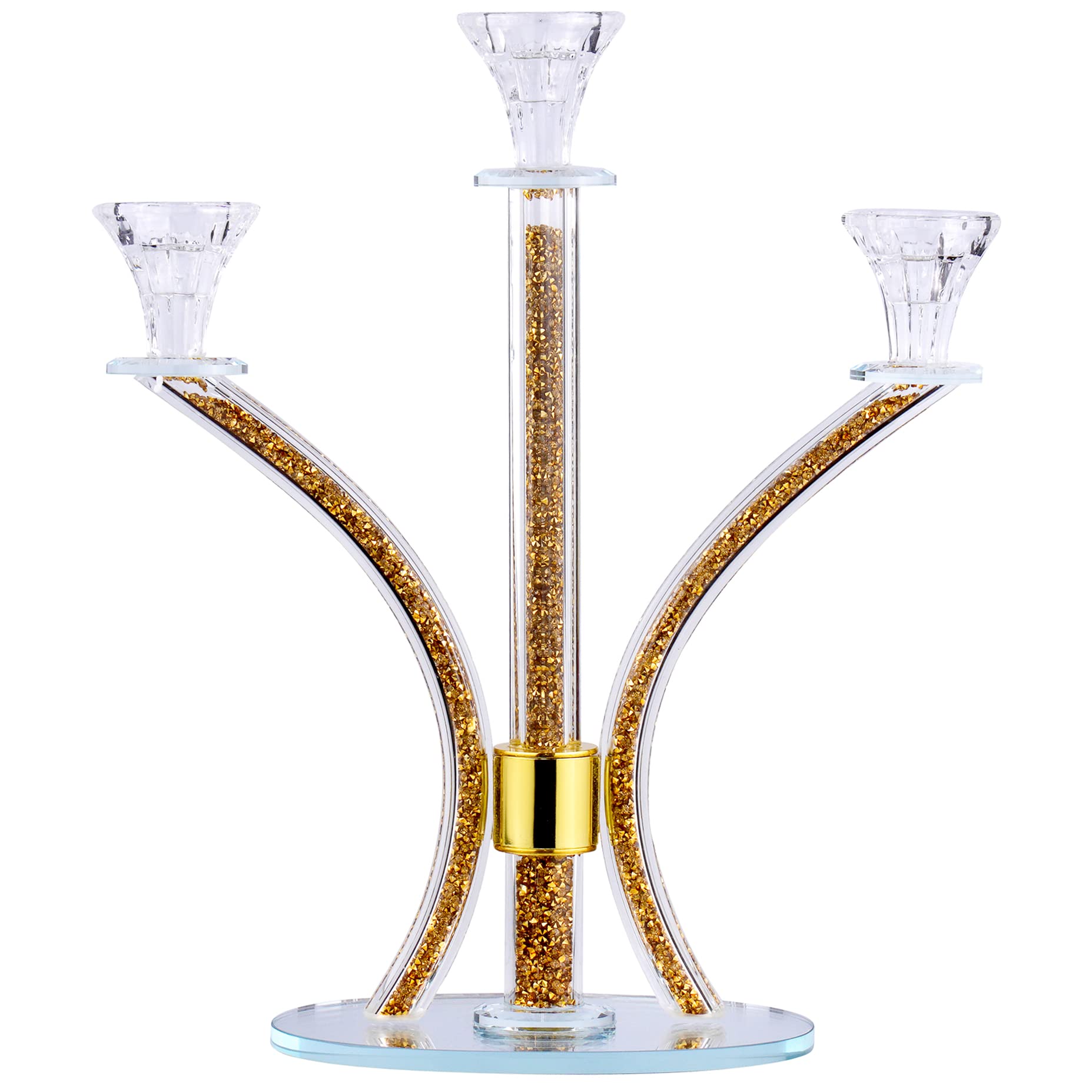 3-Arm Gold Crystal Candelabra Candle Holders - Elegant Modern Taper & Tea Light Candle Sticks - Luxury Dining Table Centerpiece Decor for Weddings, Parties & Home Decor