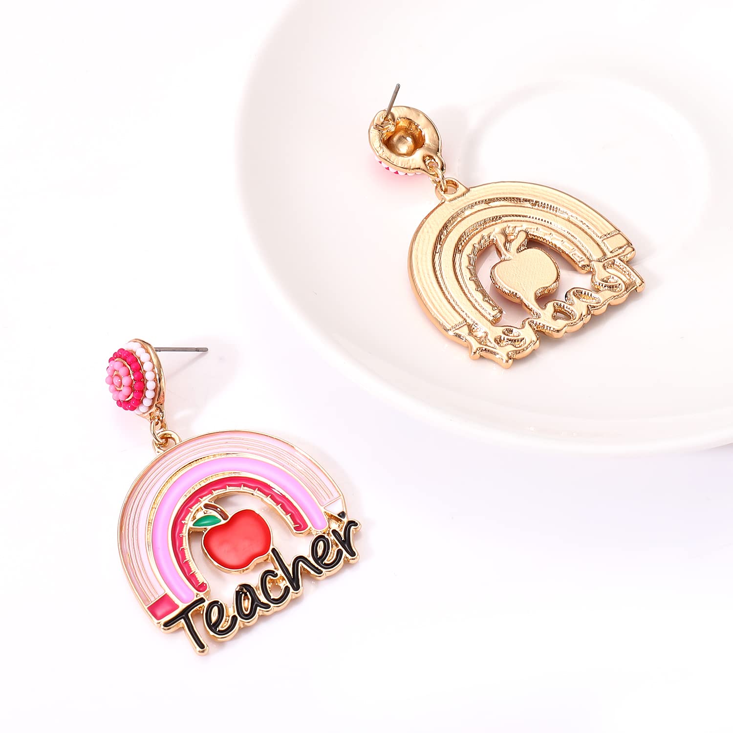 4 Pairs Enamel Rainbow Pencil Dangle Earrings for Women - Fun Teacher Jewelry Set, Back to School Accessories, Math Teacher Gift, Statement Drop Earrings for Classroom, Teacher Appreciation Day & Everyday Wear