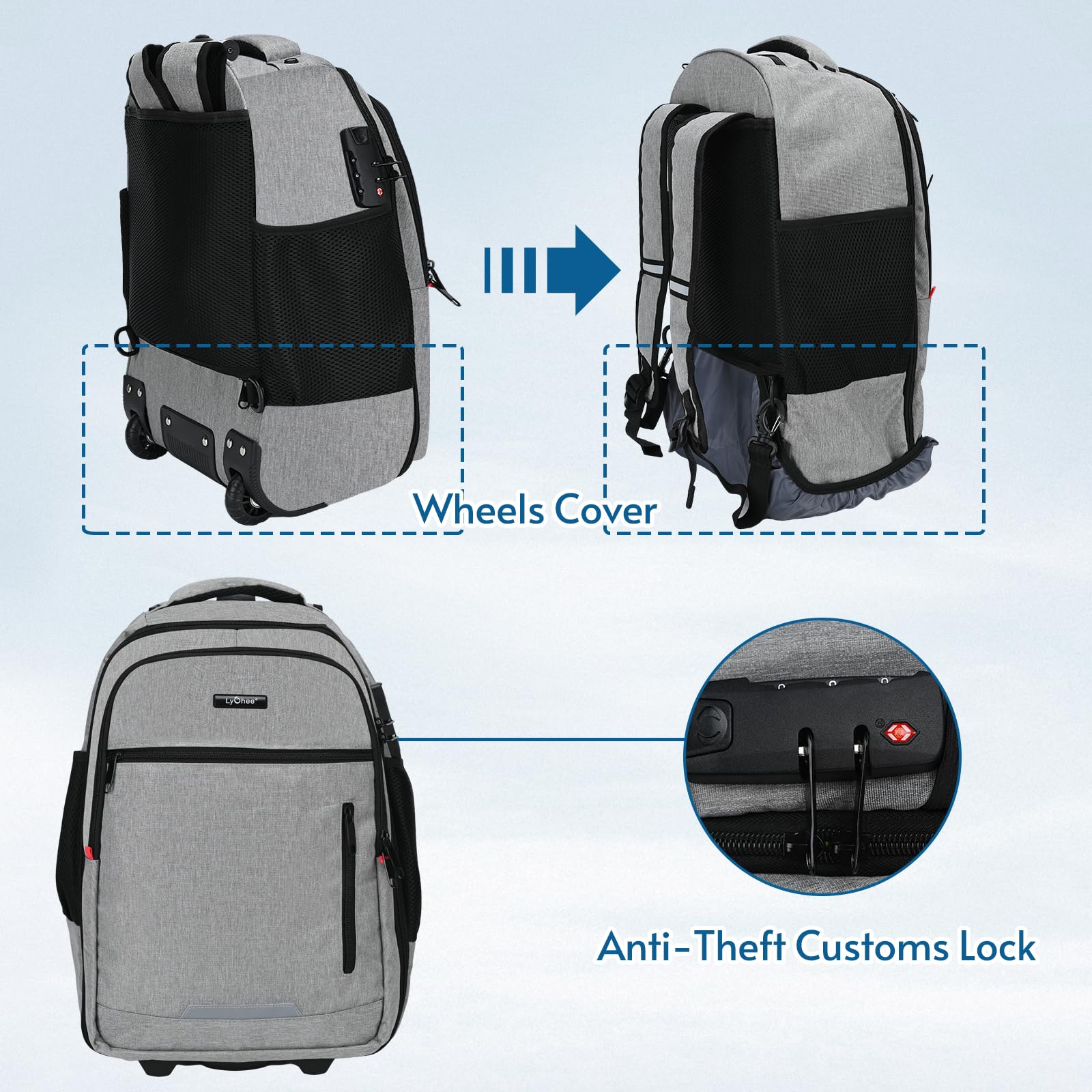 Lychee Concealable Rolling Backpack - 20 Inch Waterproof Wheeled Laptop Backpack for Business Travel with Invisible Shoulder Straps - Durable Grey Suitcase Alternative for Commuters & Airplane Carry-On