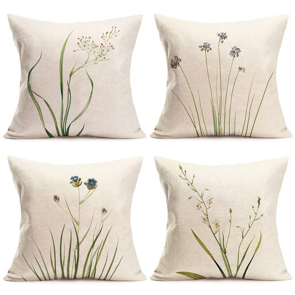 Set of 4 Green Plant Throw Pillow Covers - 18x18 Inch Cotton Linen Cushion Covers for Sofa, Couch & Outdoor Decor - Spring Summer Home Decor with Fresh Floral Design | Perfect for Living Room, Bedroom & Patio
