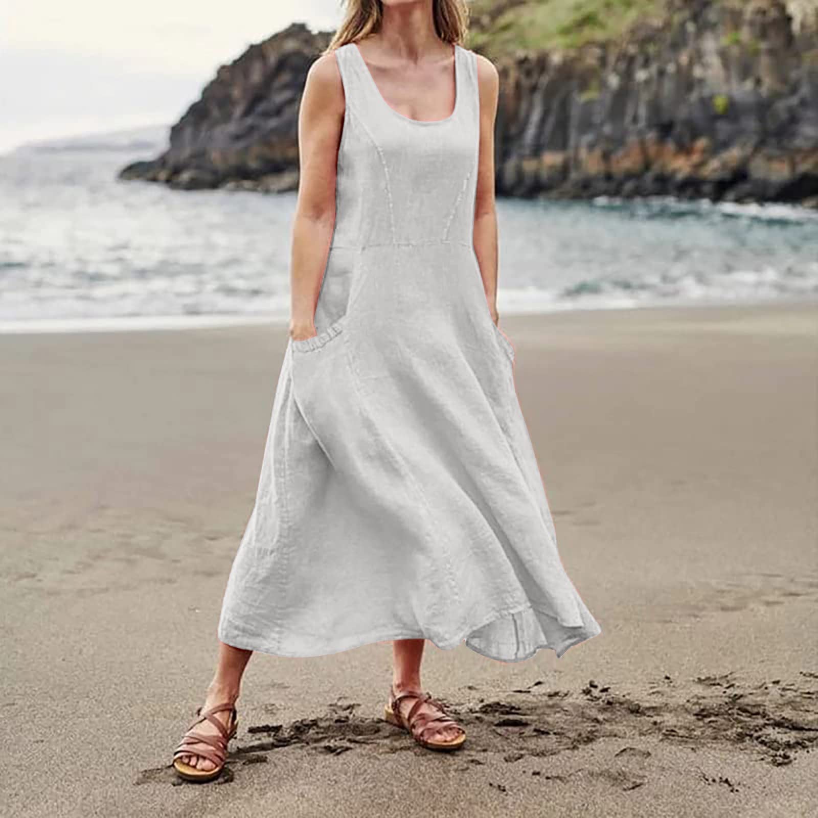 Women's Summer Casual Sleeveless Cotton Linen Dress with Pockets - Solid Neutral Colors for Beach, Vacation & Everyday Wear