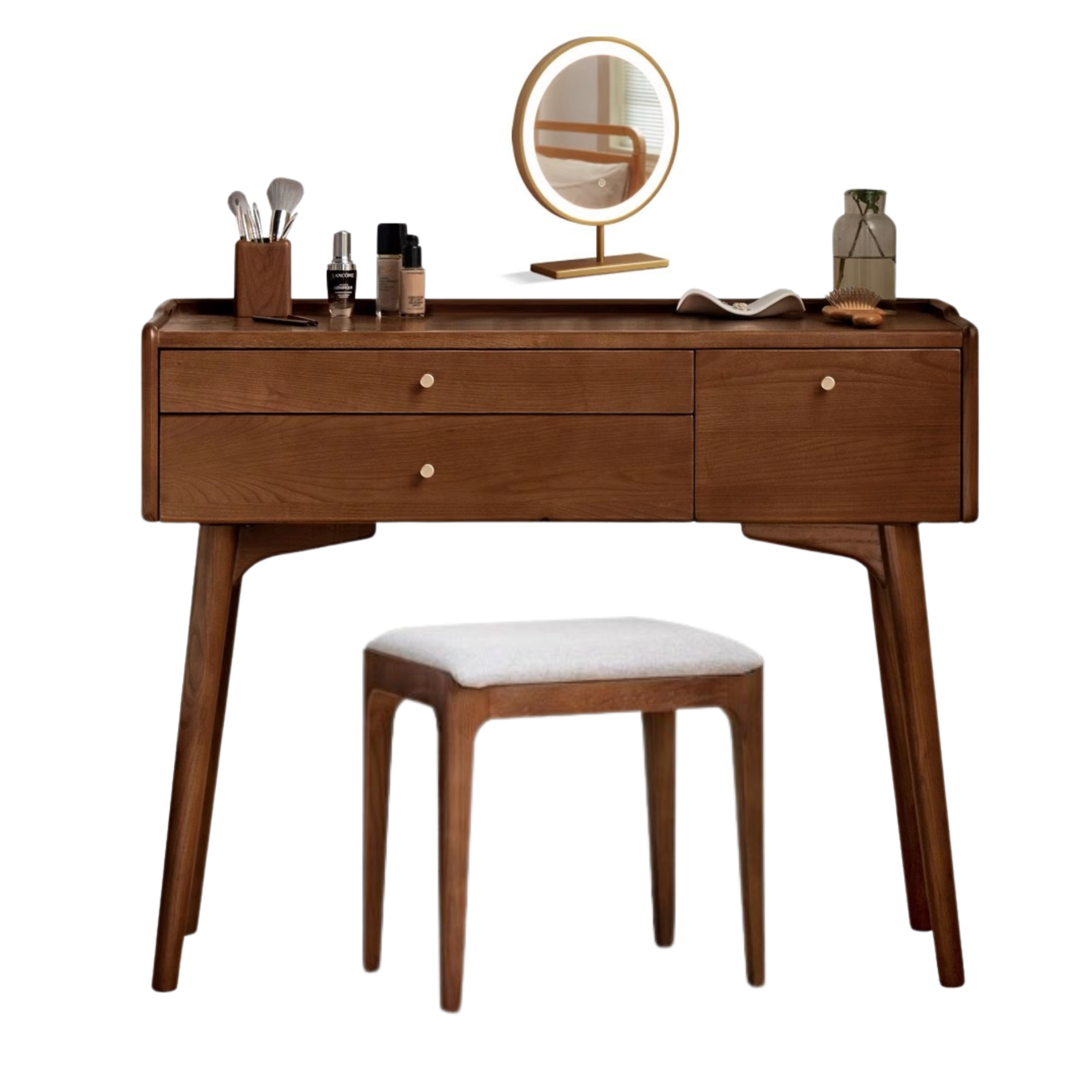 Premium Black Walnut & Ash Solid Wood Dressing Table - Elegant Vanity Desk with Mirror for Bedroom, Bathroom & Makeup Area | Natural Wood Finish, Spacious Storage & Durable Construction