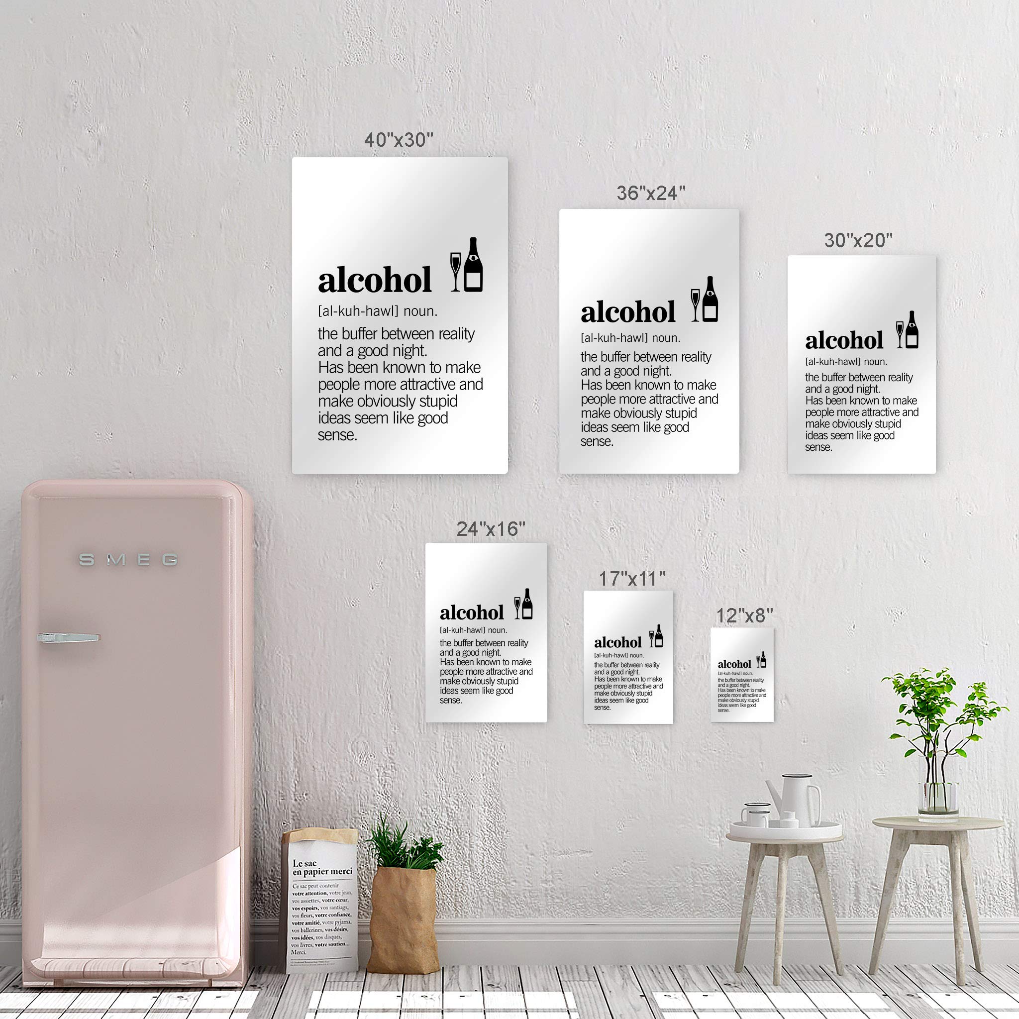 Funny Alcohol Definition Metal Wall Art Print - Smile Art Design Noun Dictionary Quote for Kitchen, Restaurant, Cafe & Dining Room - Modern Farmhouse Decor & Housewarming Gift (40x30, Made in USA) - Perfect for Bars, Man Caves & Home Themed Parties