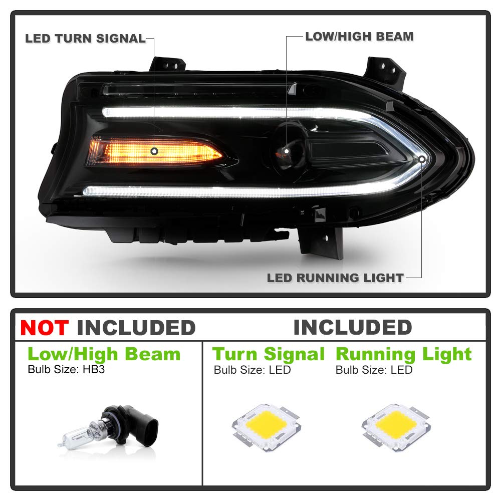 ACANII LED DRL Tube Projector Headlight for 2015-2022 Dodge Charger - Driver Side (Halogen Model, No Logo) | Upgrade Your Ride with Bright, Energy-Efficient Lighting for Night Driving & Enhanced Visibility