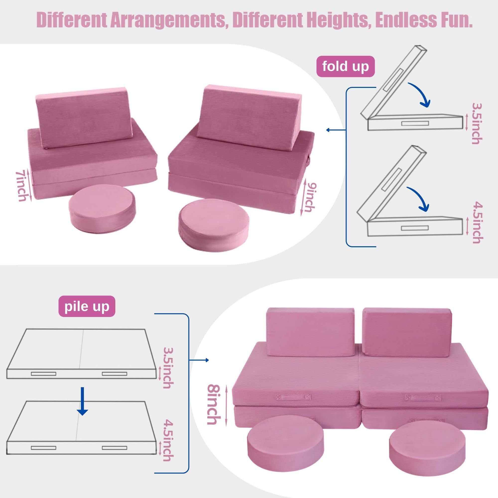 MeMoreCool 8-Piece Modular Kids Play Couch - Convertible Foam Toddler Sofa Set for Playroom & Nursery, Soft Pink Play Furniture for Indoor Playtime & Reading Nook
