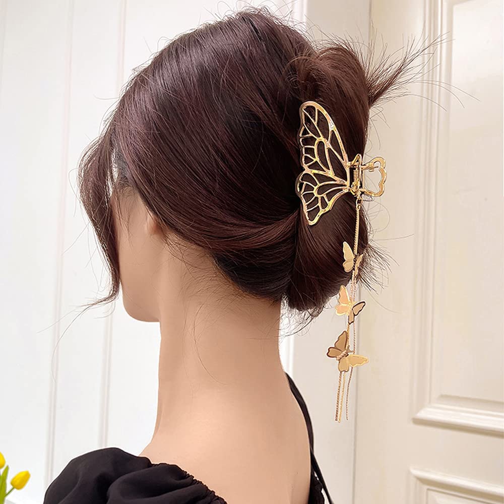 Butterfly Metal Hair Claw Clip - Gold Non-Slip Hair Clamps for Women with Tassel | Hair Accessories for Party, Wedding & Everyday Use