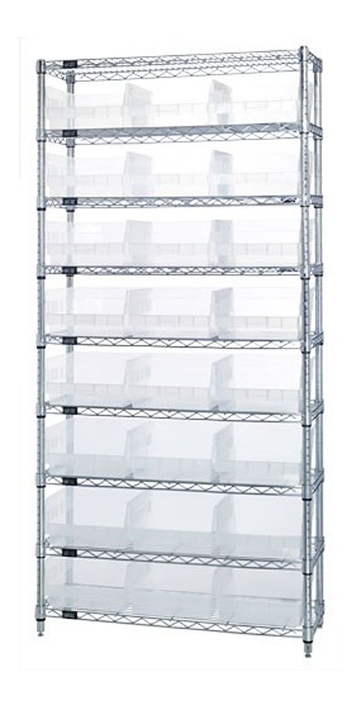 Quantum Storage Systems WR9-216Cl Wire Shelving Units with 24 Clear-View Store-More Shelf Bins - Heavy Duty Metal Rack for Garage, Pantry & Commercial Storage Organization