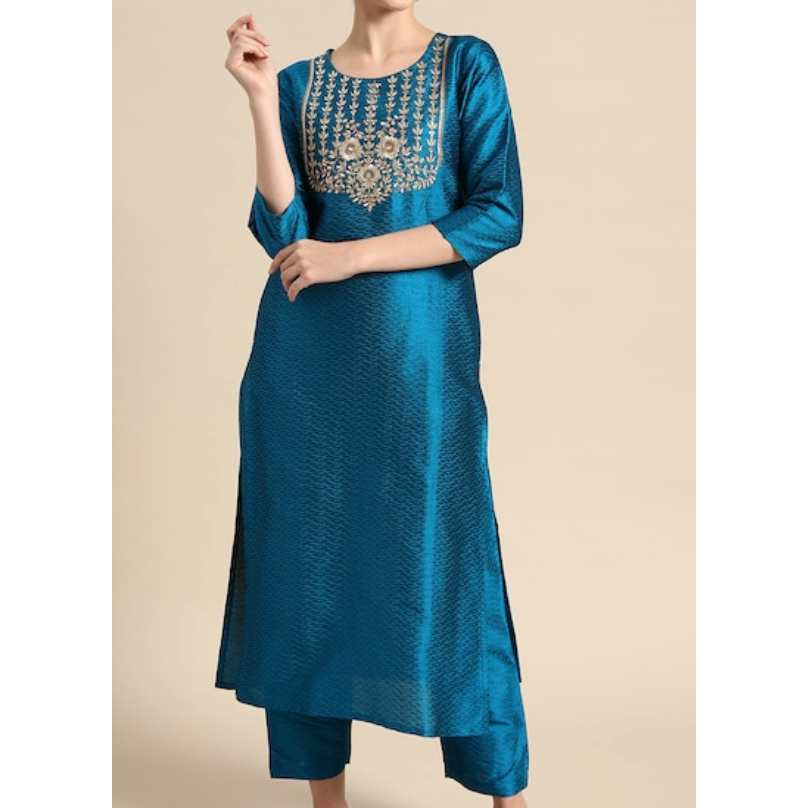 Stylish Blue & Golden Embroidered Jacquard Kurta Set with Matching Trousers | Traditional Indian Ethnic Wear for Women | Perfect for Festivals, Weddings & Special Occasions