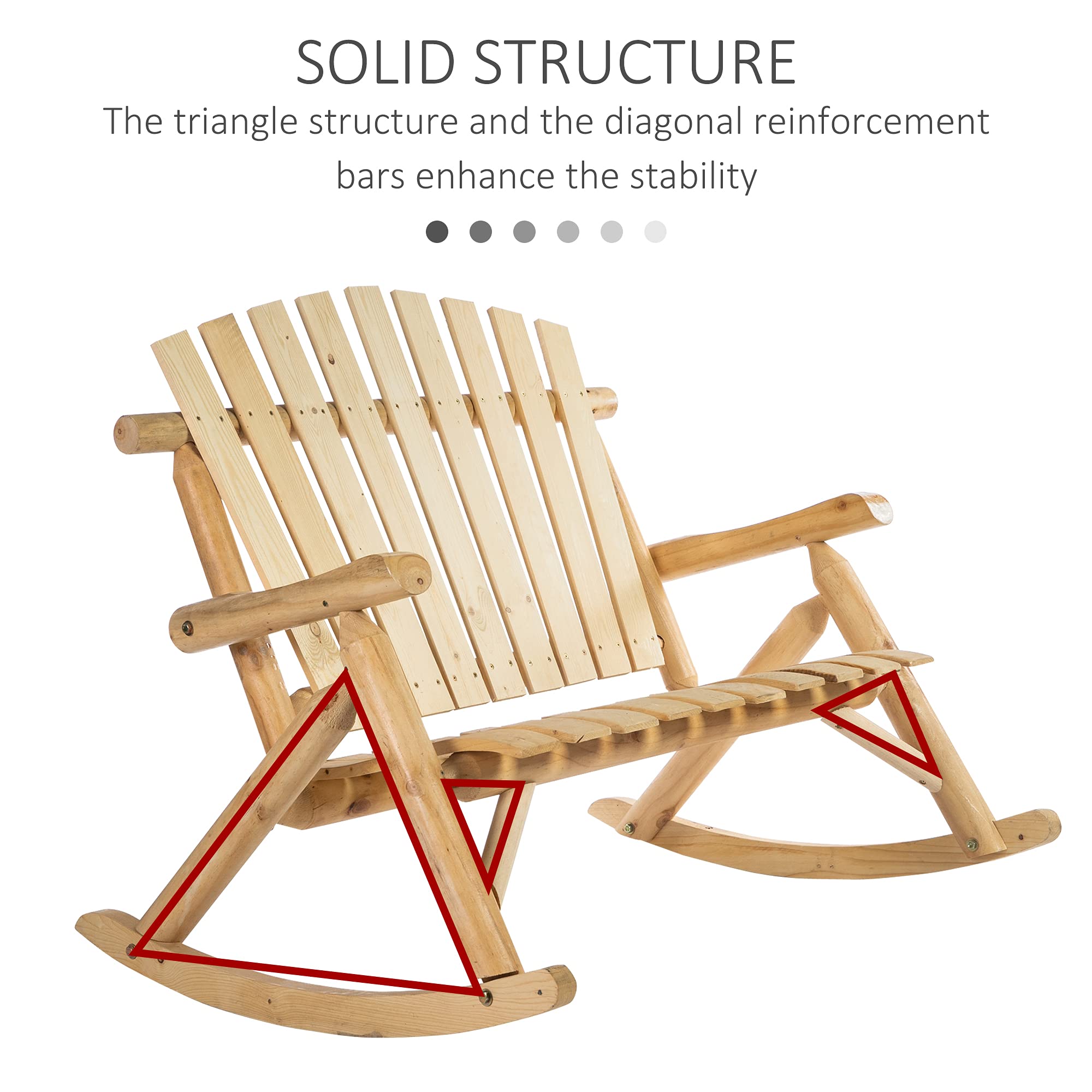 Outsunny Double-Person Wooden Adirondack Rocking Chair - Rustic High Back Patio Chair with Slatted Seat & Backrest - Perfect for Backyard, Garden, Porch & Indoor Relaxation - Great for Couples Lounging, Outdoor Entertaining & Cozy Reading Nooks