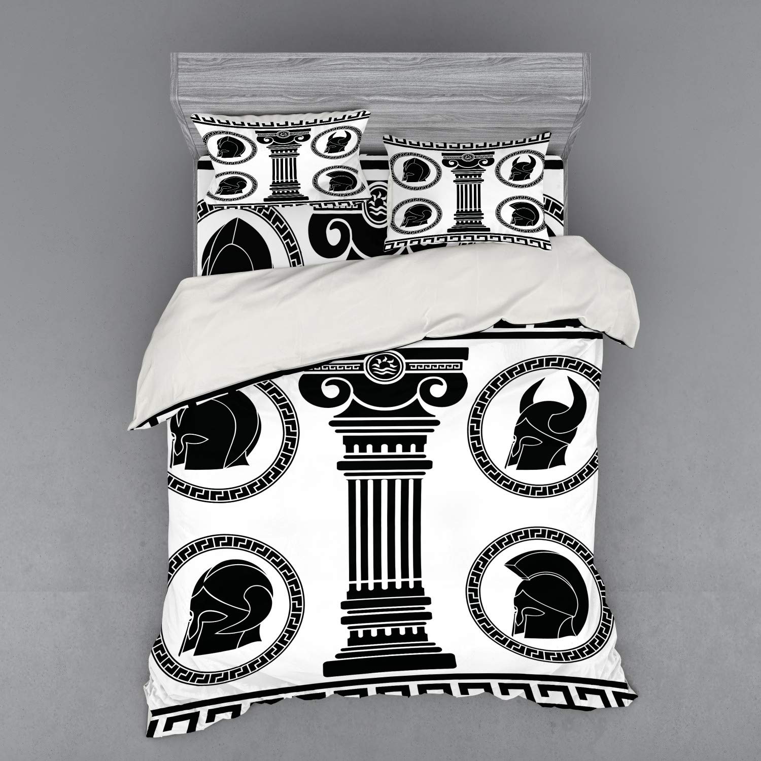 Ambesonne Retro Duvet Cover Set - Queen Size 4-Piece Bedding with Patterned Circular Frames & Antique Accessories, Black & White Spartan Classic Design - Perfect for Vintage Themed Bedrooms, Guest Rooms & Cozy Home Decor