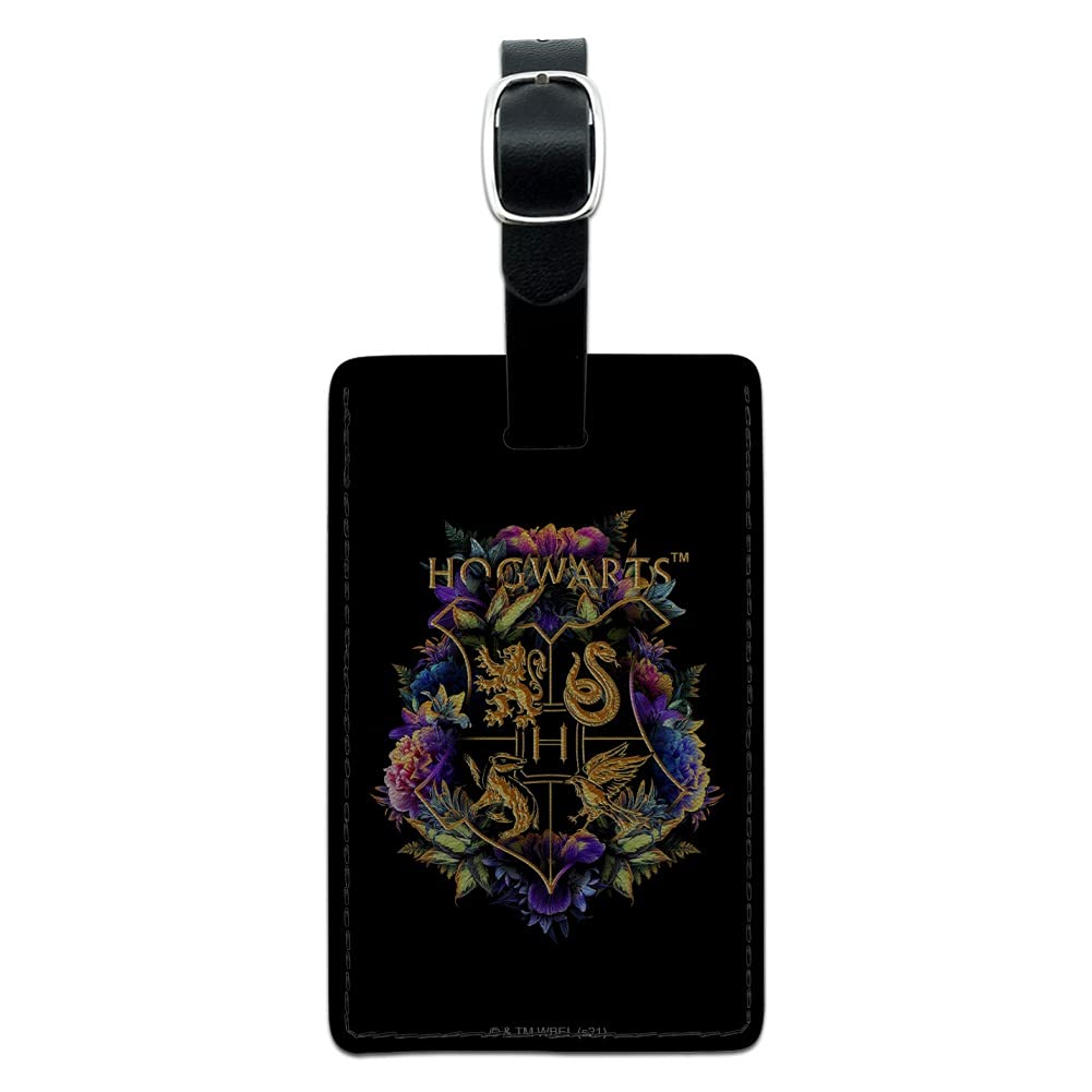 Harry Potter Hogwarts Floral Crest Rectangle Leather Luggage Tag - Personalized ID Card Holder for Travel Bags, Suitcases & Backpacks - Perfect for Potterhead Fans & Travel Enthusiasts
