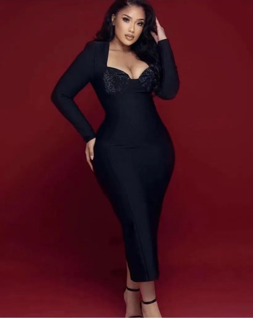 Sexy Black & Red Rhinestone Bodycon Bandage Dress for Women - Long Sleeve Square Neck Club Party Dress | Perfect for Nightclub, Cocktail Parties & Special Celebrations