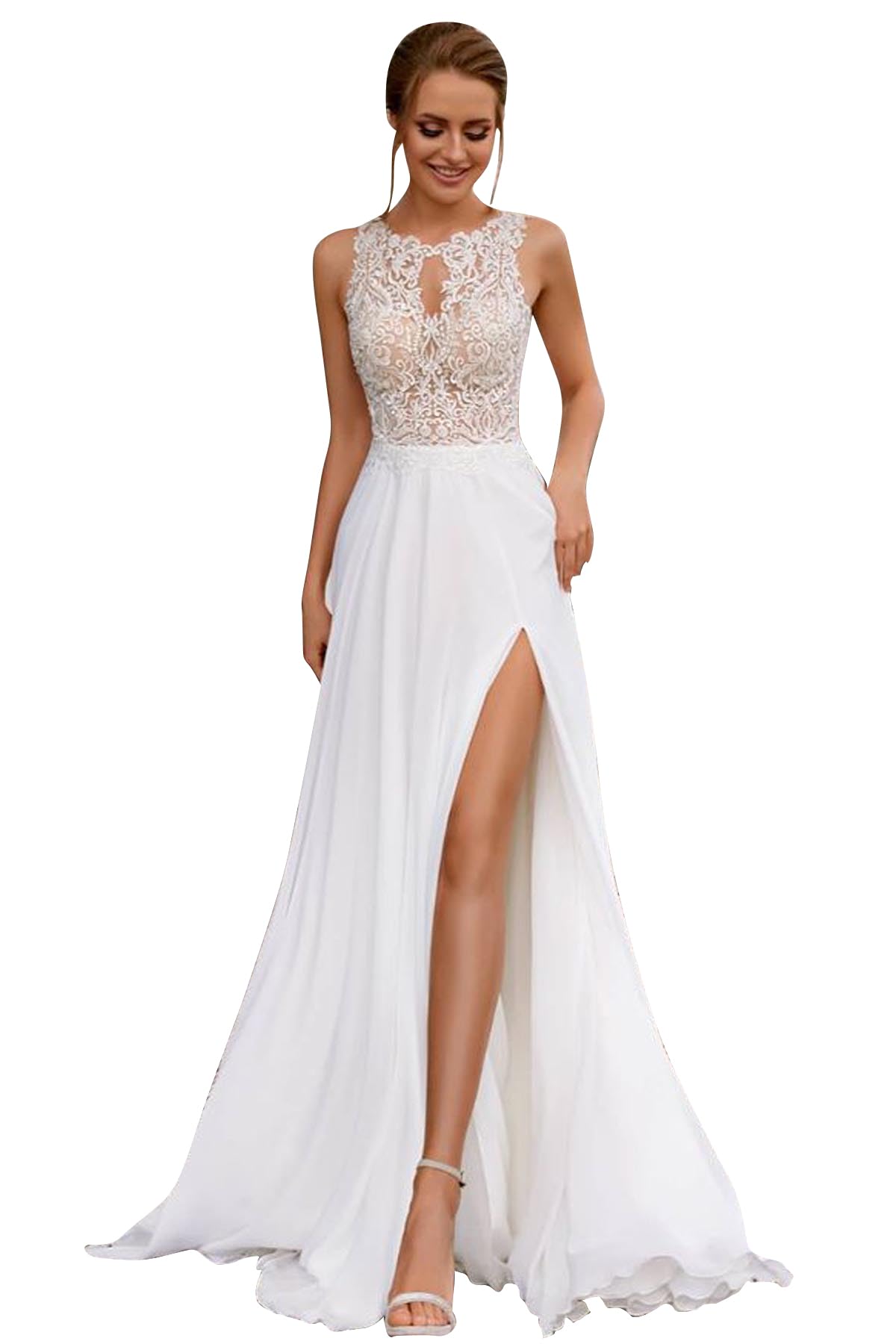 Elegant Lace Applique Beach Wedding Dress for Bride - Long Chiffon Bridal Gown with High Slit | Perfect for Beach Ceremonies, Destination Weddings & Romantic Photoshoots