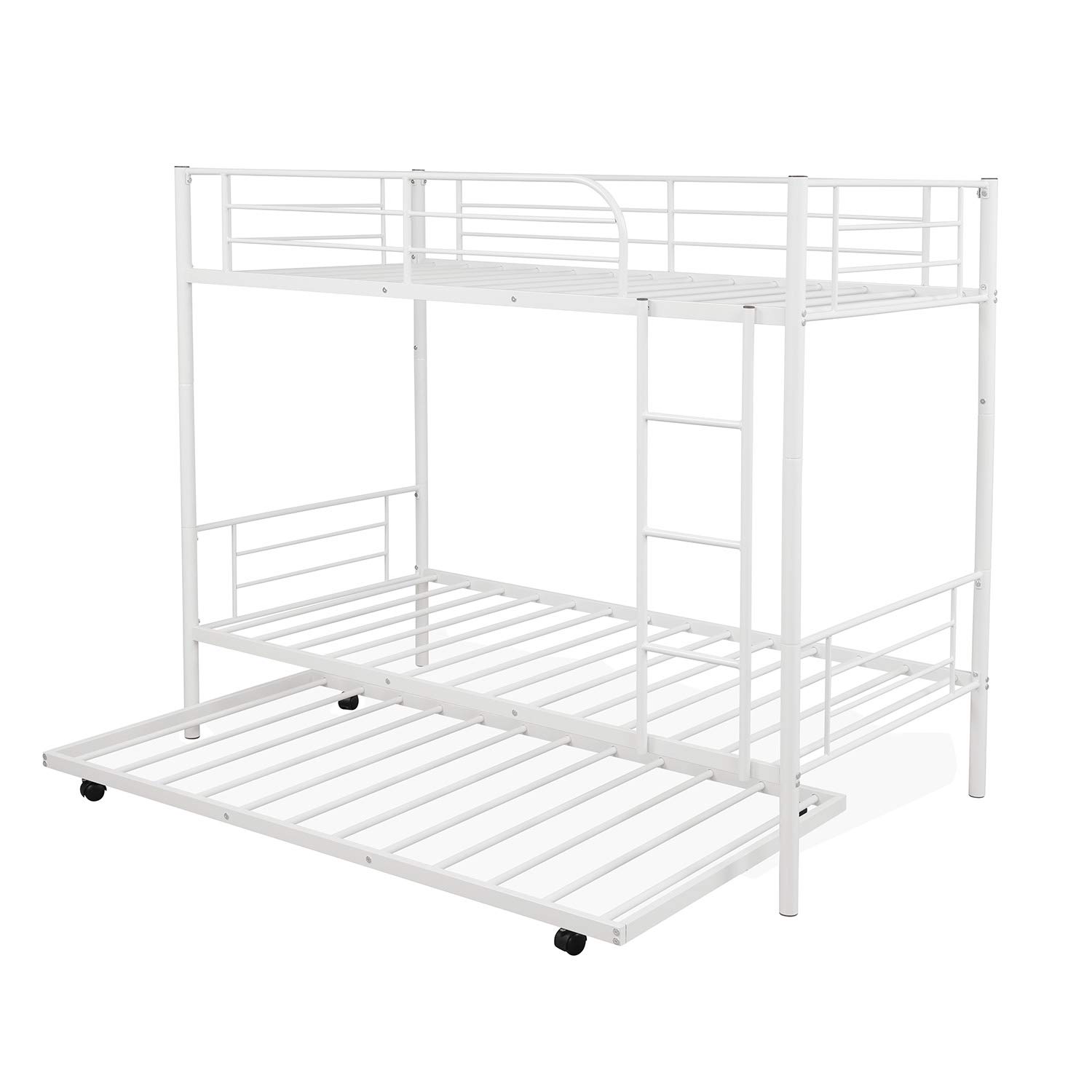 Harper & Bright Designs Twin Over Twin Metal Bunk Bed with Trundle - Convertible to 2 Separate Beds - White - Space Saving Kids Bedroom Furniture for Small Rooms & Sleepovers