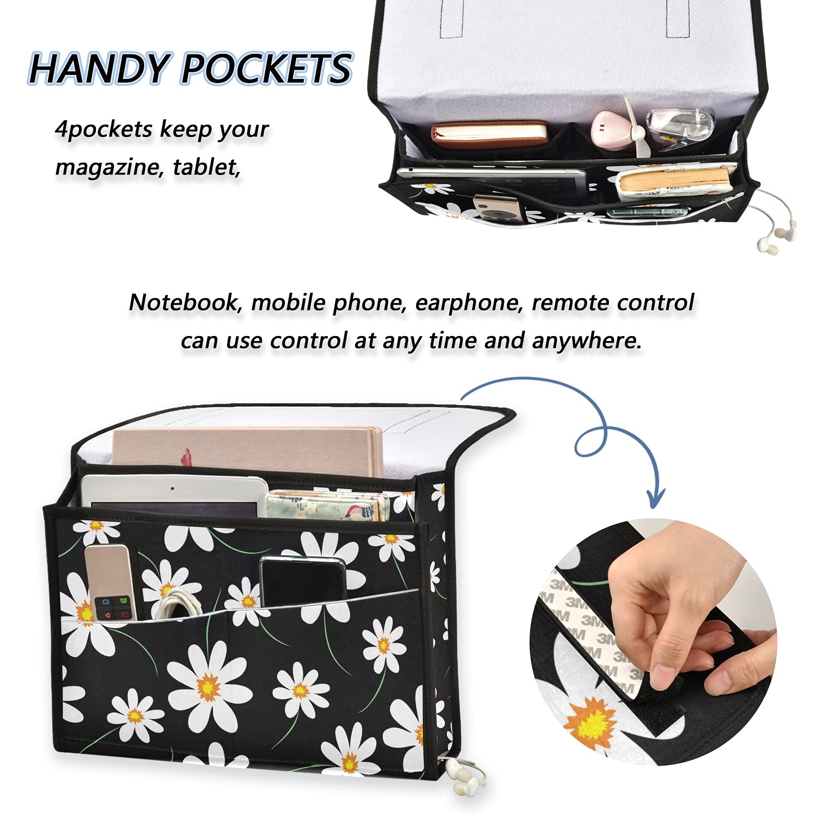 Daisy Flower Bedside Caddy Organizer - 5 Pocket Remote Control Holder for Recliner Couch & Sofa Armrest - Perfect for Magazines, Tablet, Phone, iPad Storage - Ideal for Living Room, Bedroom & Office Organization