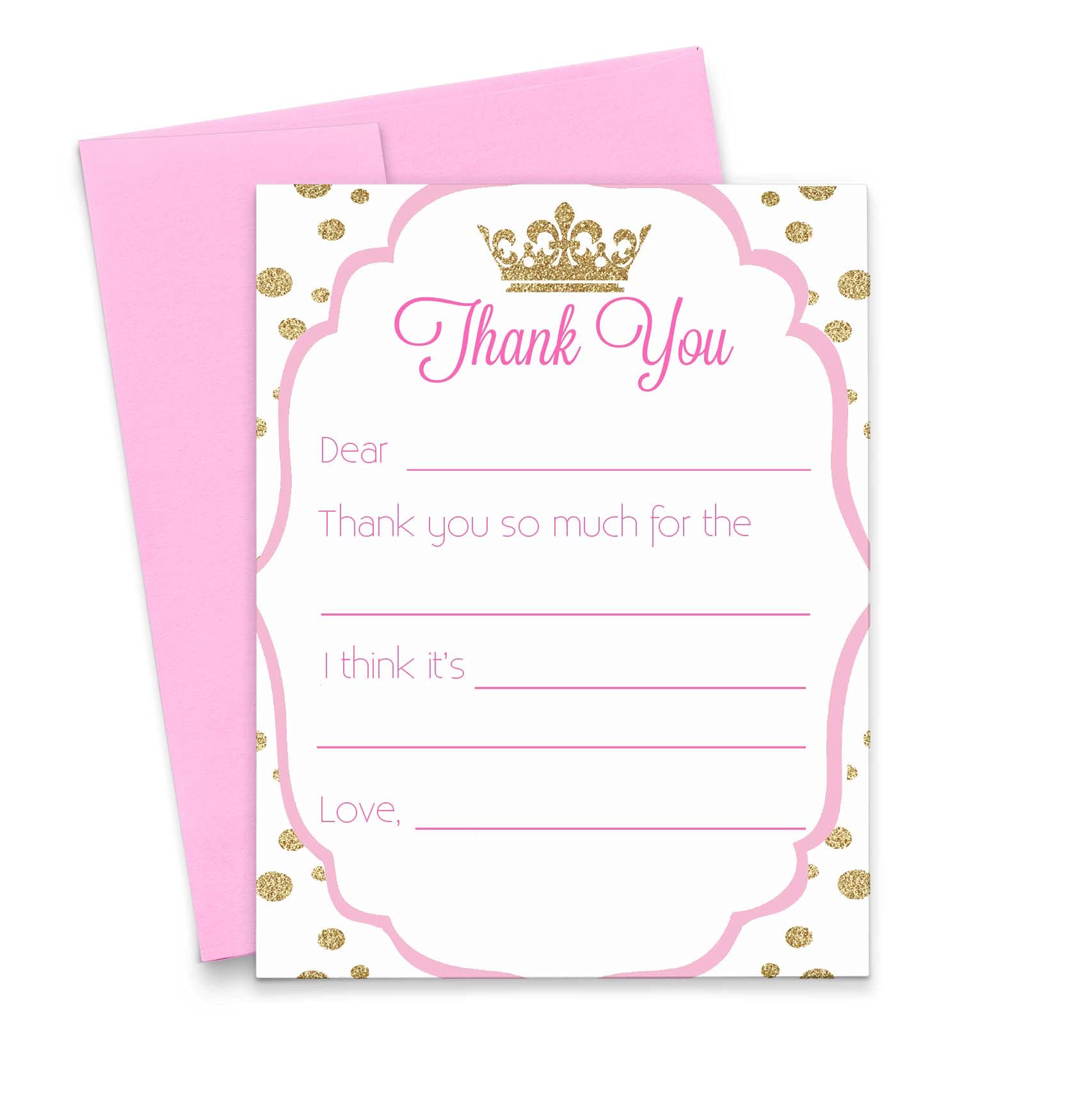 Princess Fill-In Thank You Note Cards with Envelopes - Elegant Crown Design, Customizable Colors & Quantities - Perfect for Birthday Parties, Baby Showers & Royal-Themed Events