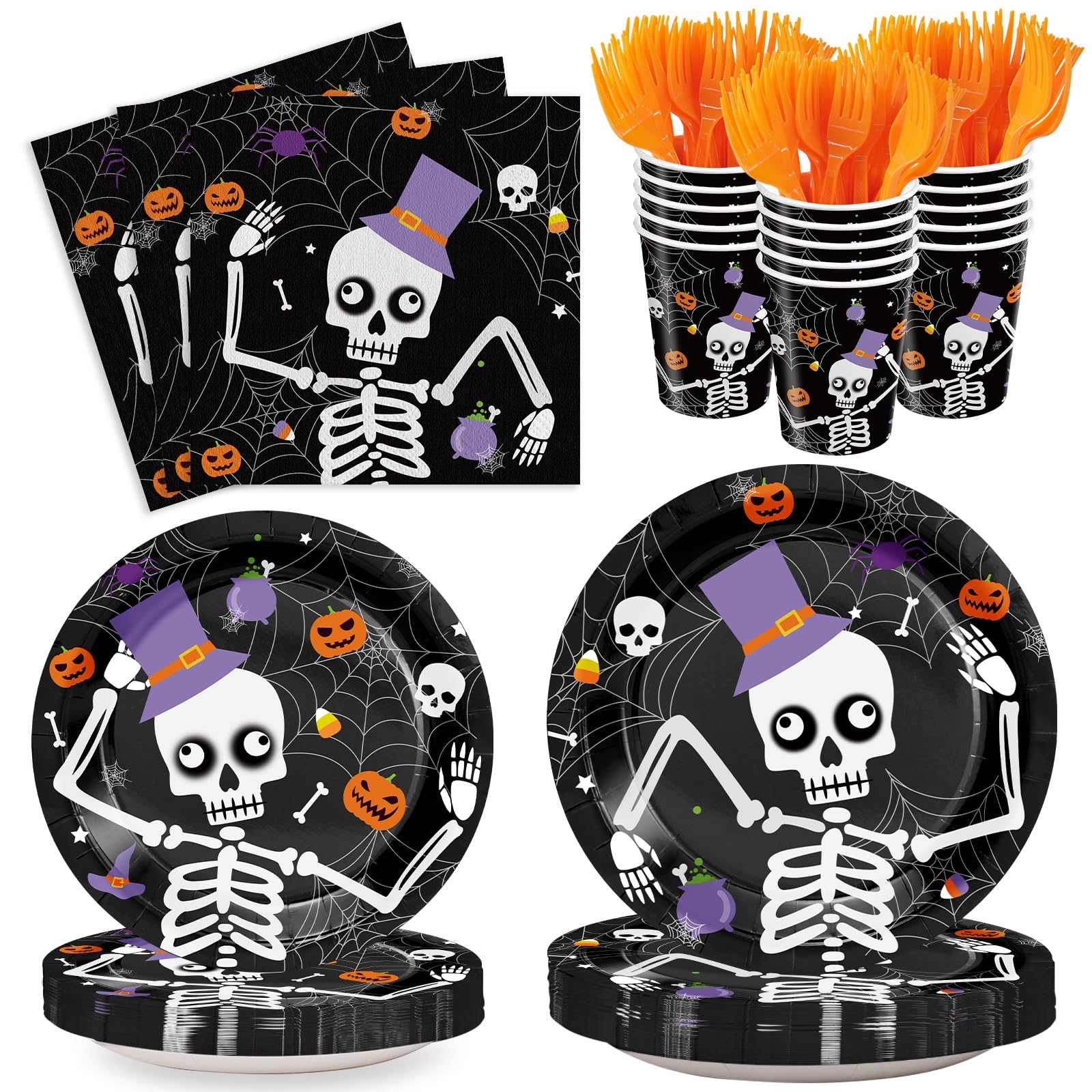 120-Piece Halloween Party Supplies Set - Skeleton Themed Disposable Tableware (Plates, Napkins, Cups & Forks) for 24 Guests - Perfect for Halloween Theme Parties, Trick-or-Treat Events & Spooky Decorations