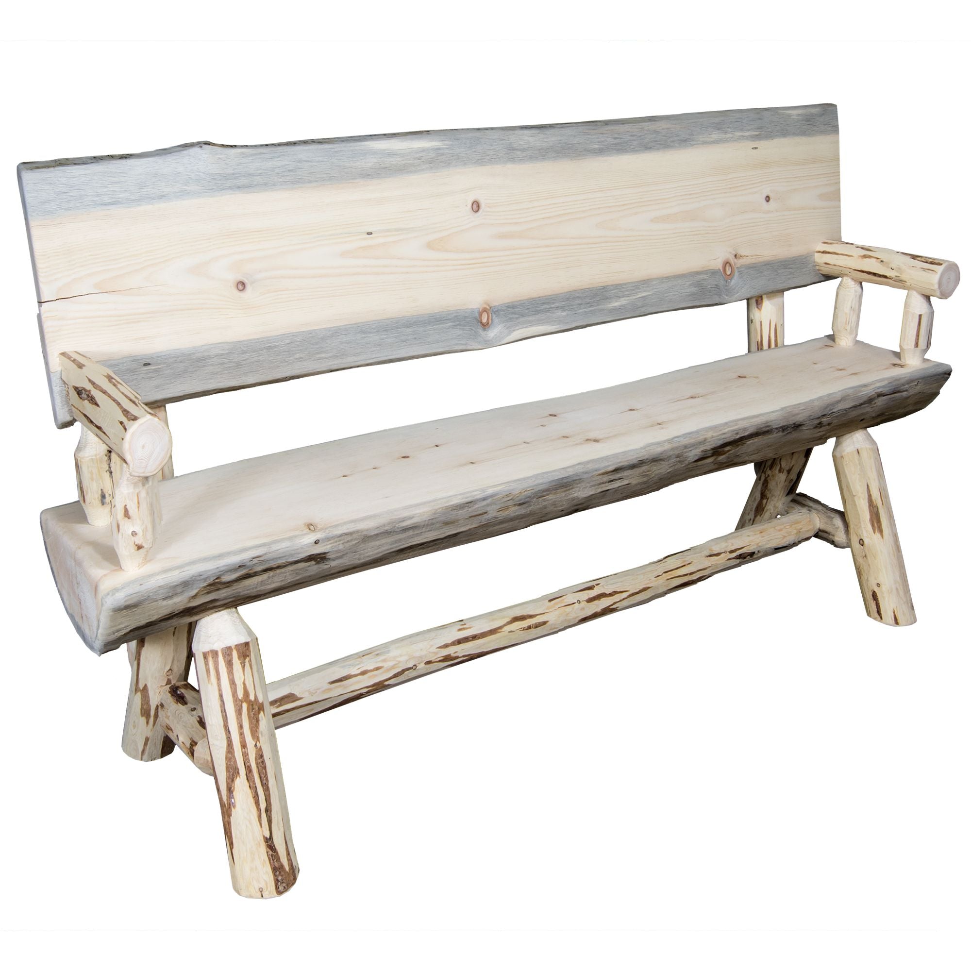 Montana Half Log Bench with Back & Arms - 4 Foot Rustic Outdoor Seating for Patio, Garden, or Cabin Decor
