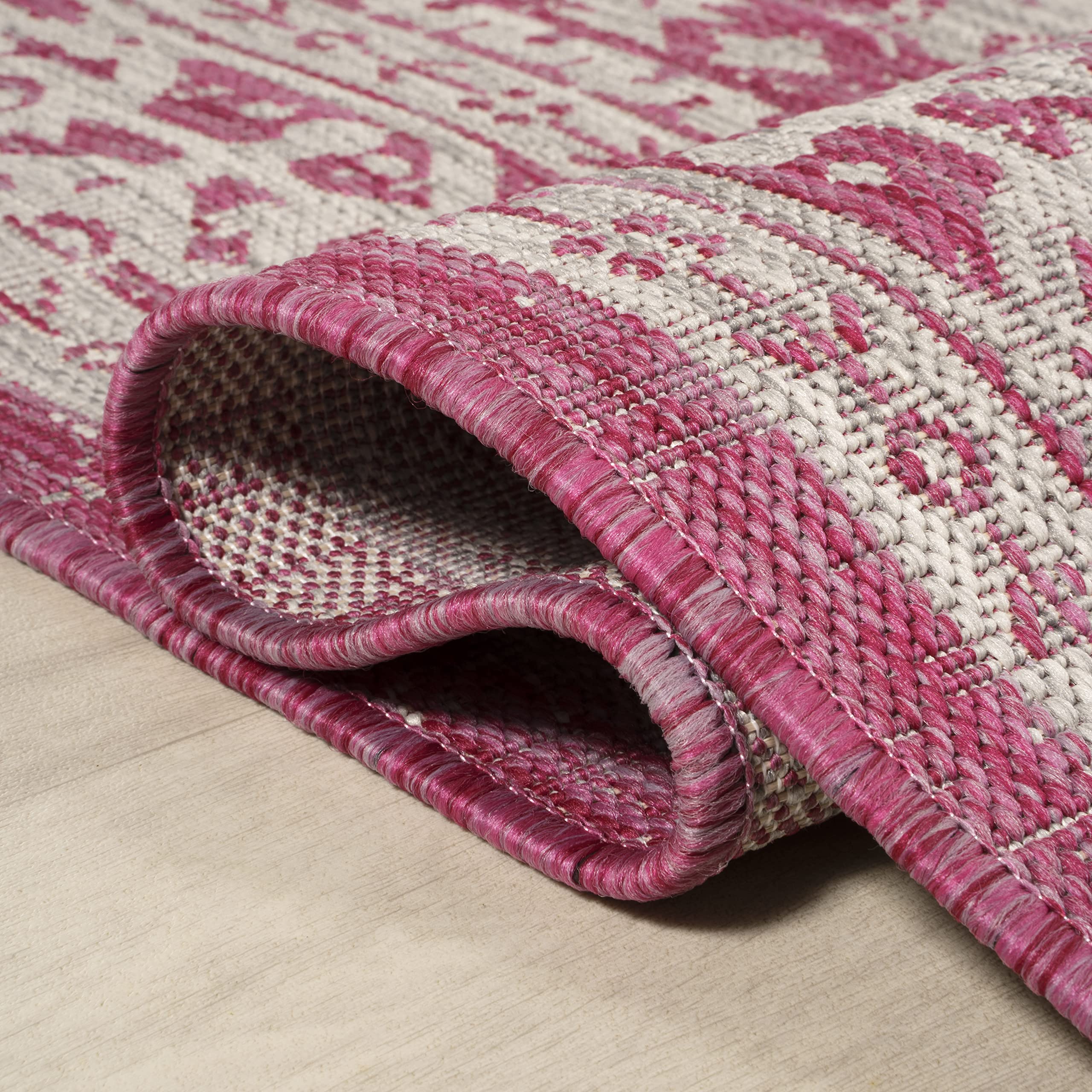JONATHAN Y SMB101G-9 Sinjuri Medallion Textured Weave Indoor/Outdoor Area Rug - Bohemian Traditional Transitional Design, Easy-Cleaning Non-Shedding 9x12 Feet, Fuchsia & Light Gray - Perfect for Bedroom, Kitchen, Backyard, Patio & Living Room Decor