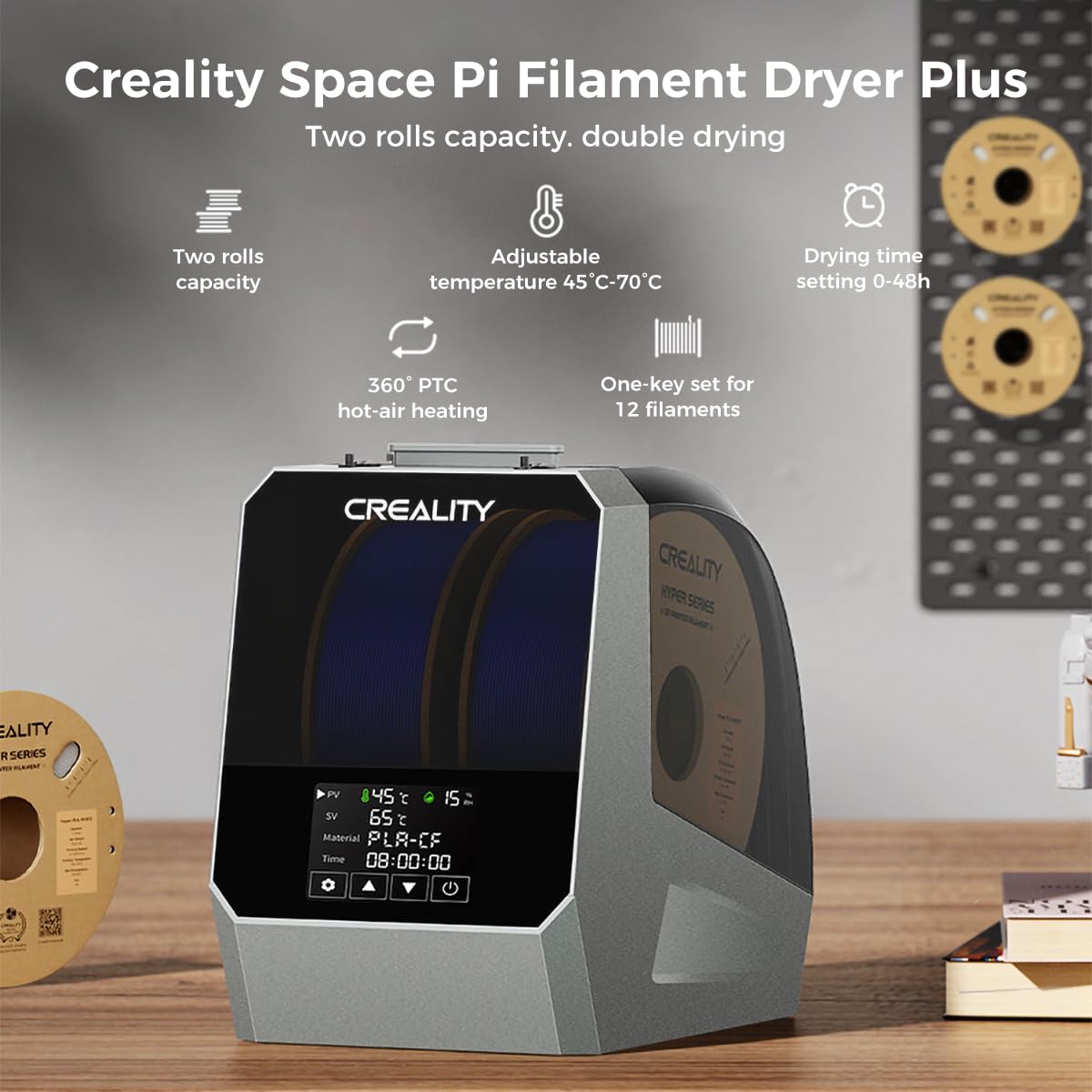 2024 Official CREALITY Space Pi Filament Dryer Plus - 2 Spool 360° 160W PTC Fast Heating 3D Printer Filament Dryer Box with 4