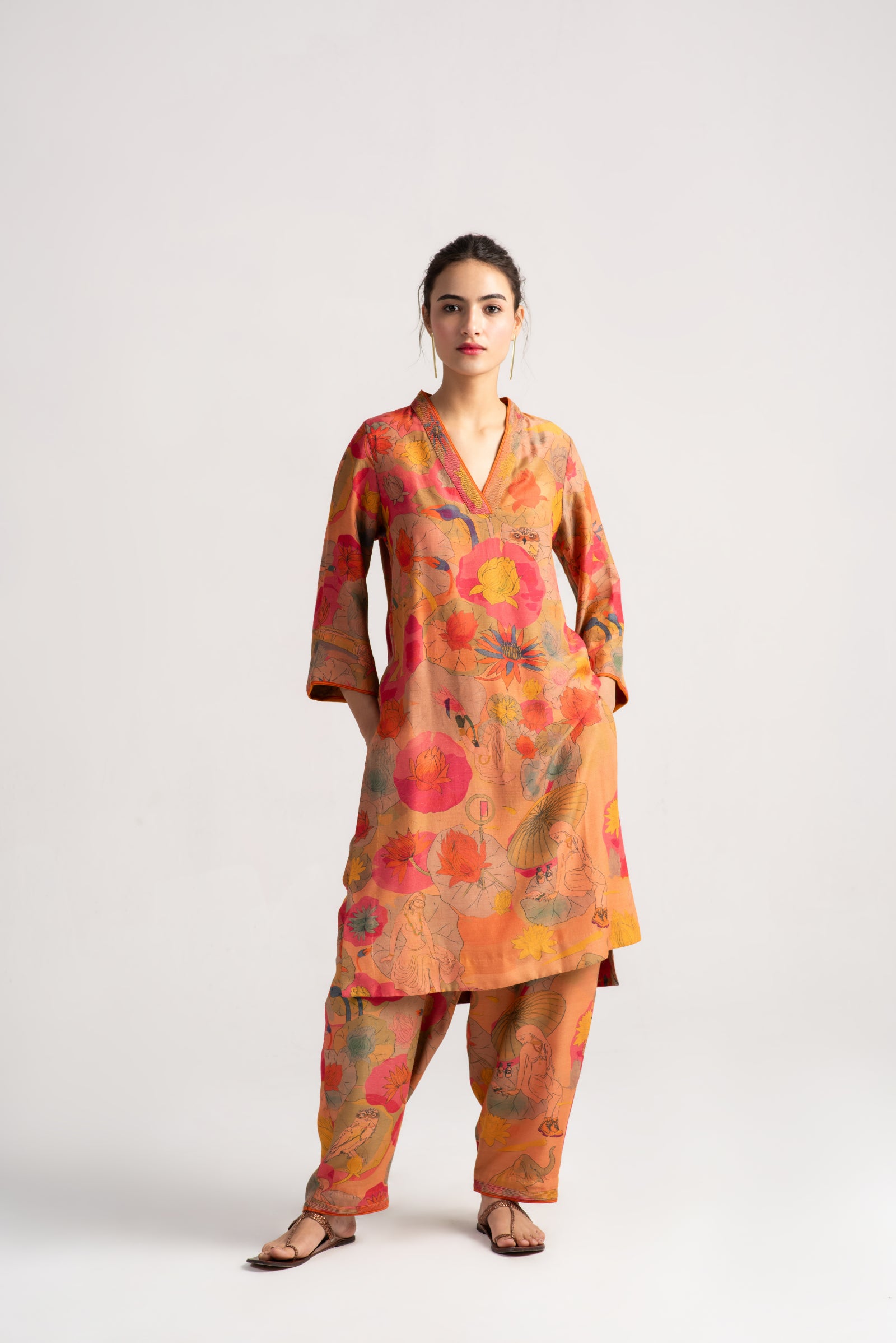 Elegant Damini Kurta in Muga Satin Grapefruit Color | Traditional Indian Women's Dress | Perfect for Festivals, Weddings & Cultural Events