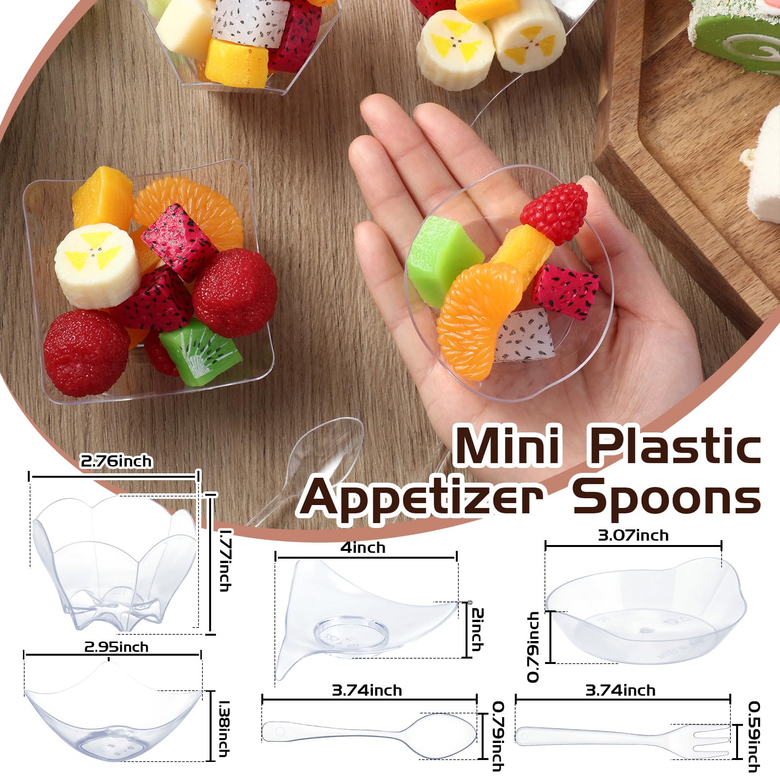200 Pcs Clear Modern Mini Appetizer Plates with Disposable Spoons & Forks - Small Plastic Dessert Bowls & Individual Serving Trays for Parties, Weddings, Baby Showers & Catering Events