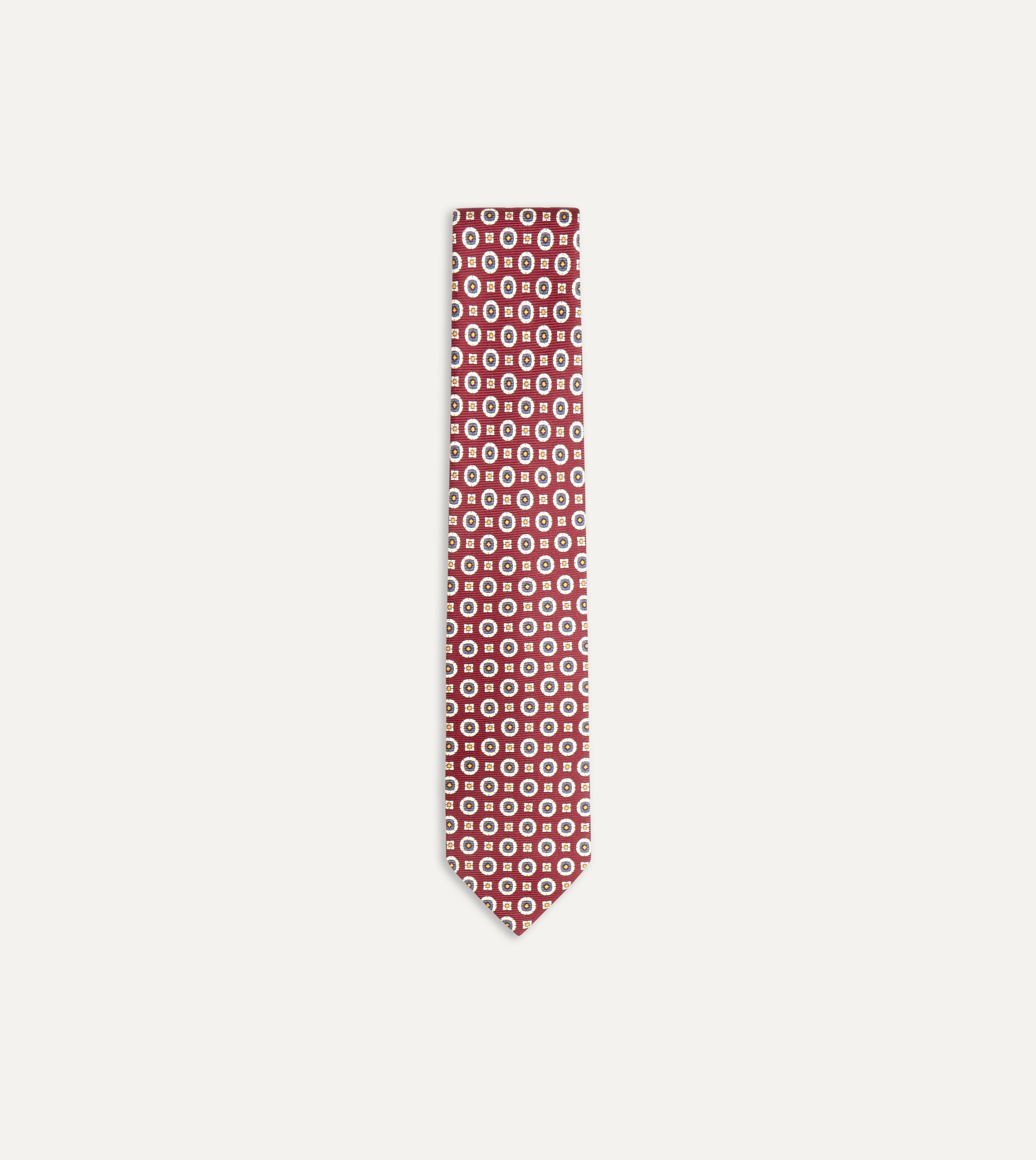 Elegant Red and Blue Geometric Medallion Print Silk Foulard Tie for Men | Premium Necktie for Business, Weddings & Formal Occasions