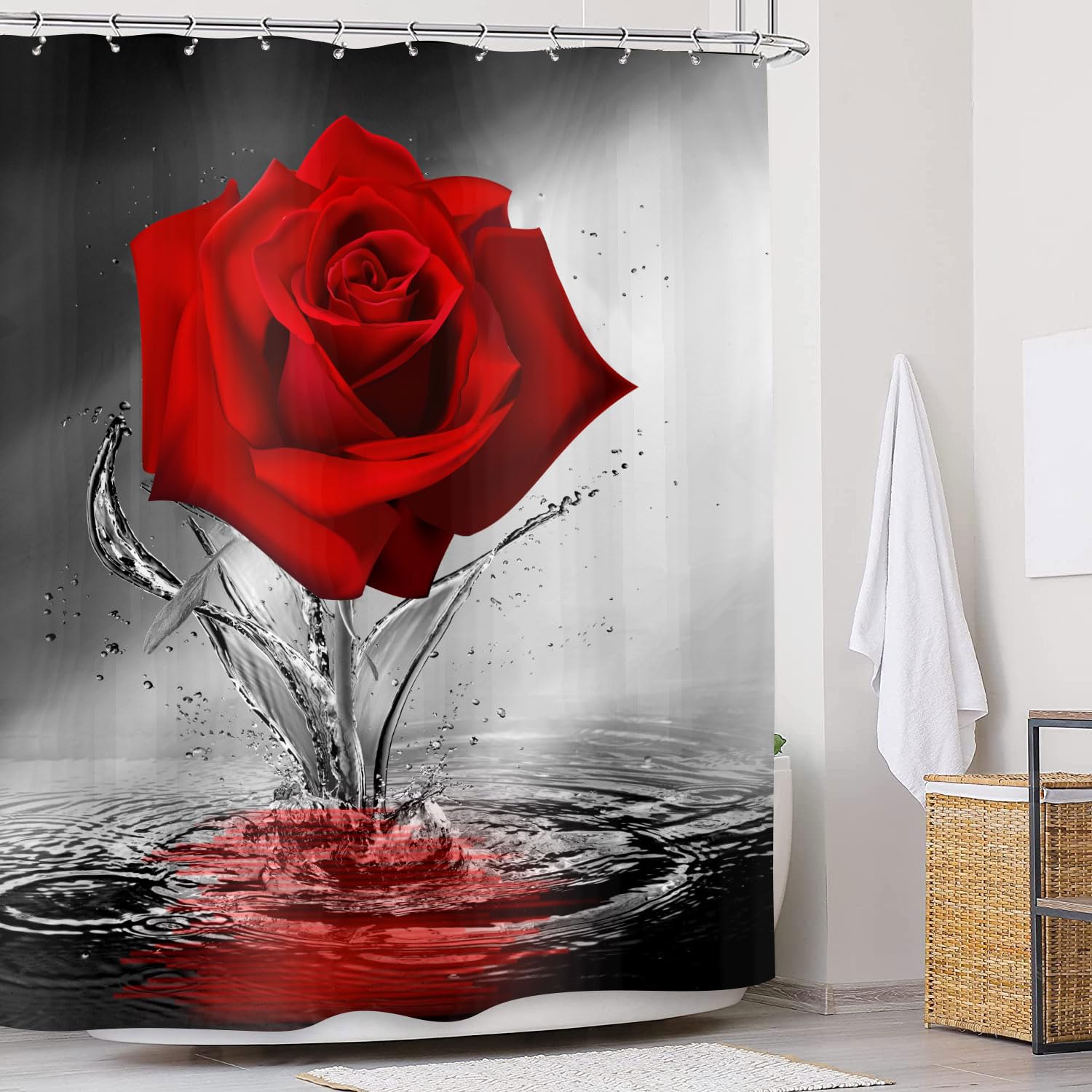 Romantic Red Rose Shower Curtain with Floral Blossom Design - Water Reflection Pattern Fabric Bath Curtain in Black & Red - Machine Washable 69x75 Inches for Bathroom Decor & Spa-Like Experience