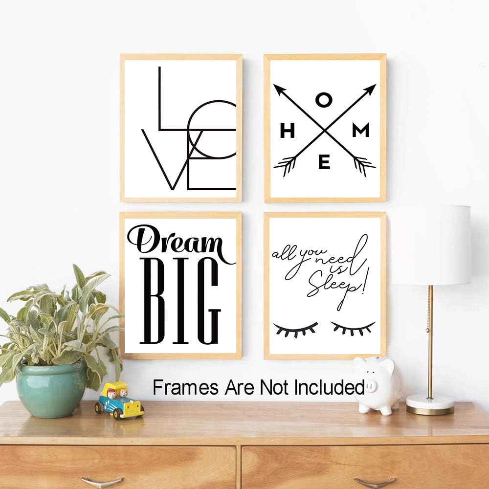 Dream Big Wall Art Decor - Set of 4 Unframed 8x10 Inch Black and White Eyelash Posters - Nordic Style Eye Prints for Bathroom, Vanity, Desk & Dorm Room Decor - Perfect for Home, Office & Gift Giving