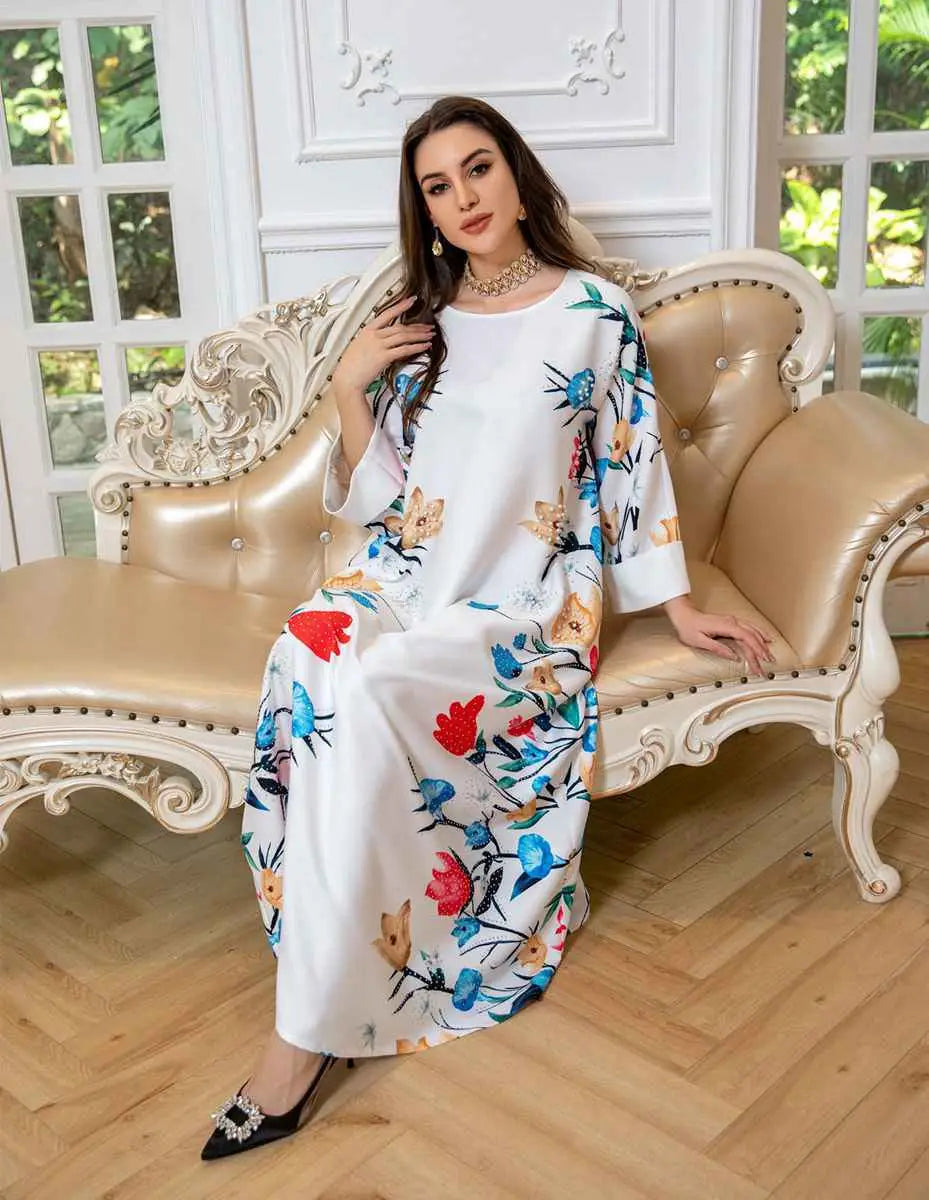 Elegant Eid Dress for Women - Arab Printed Kaftan Caftan Abaya Dress with Long Sleeves - Perfect for Eid Celebrations, Weddings & Special Occasions