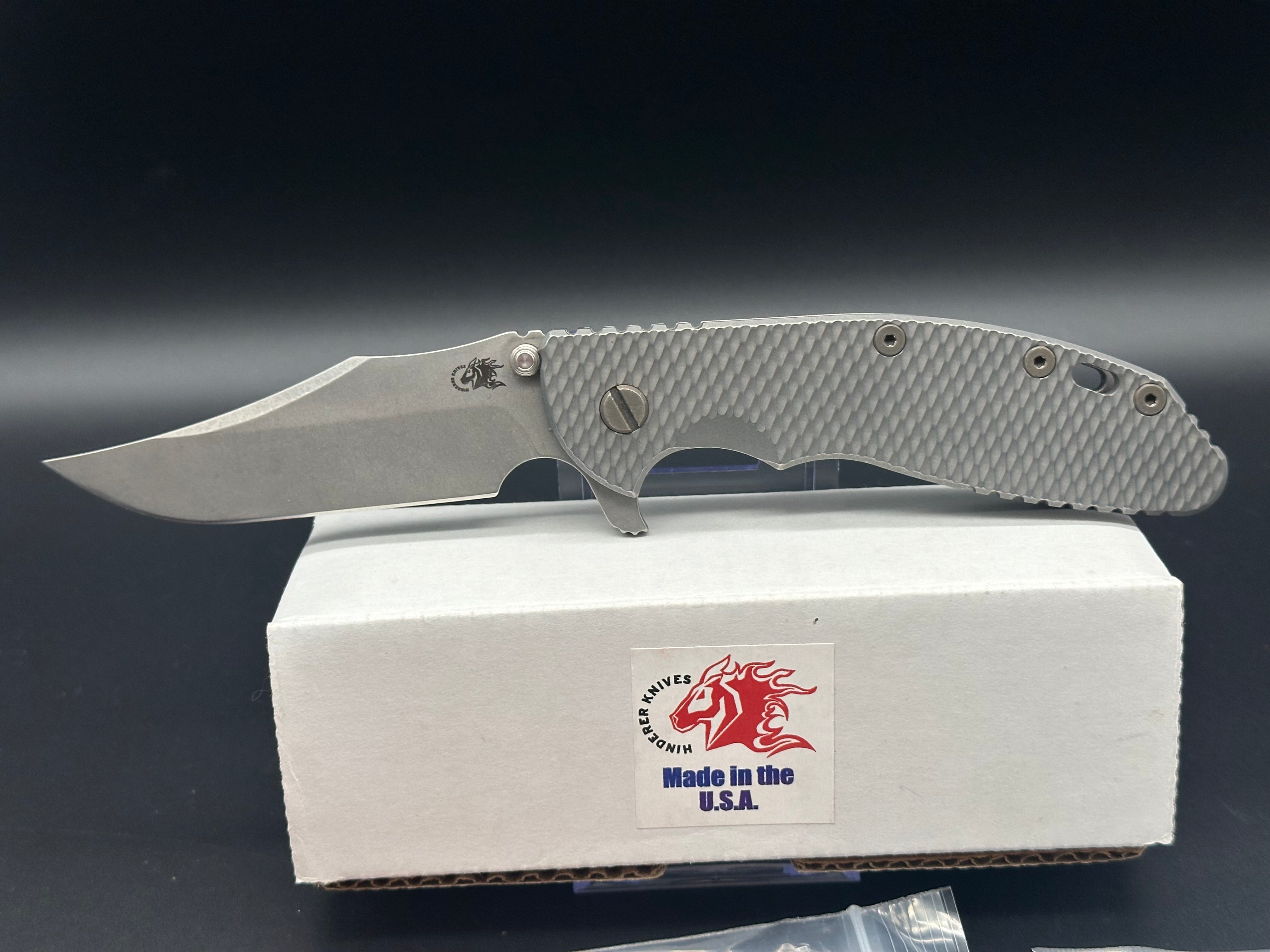 Hinderer XM-24 Bowie Knife - Full Titanium Blade with Working Finish & Orange G10 Scale - EDC, Outdoor Survival, Camping, Hunting Gear
