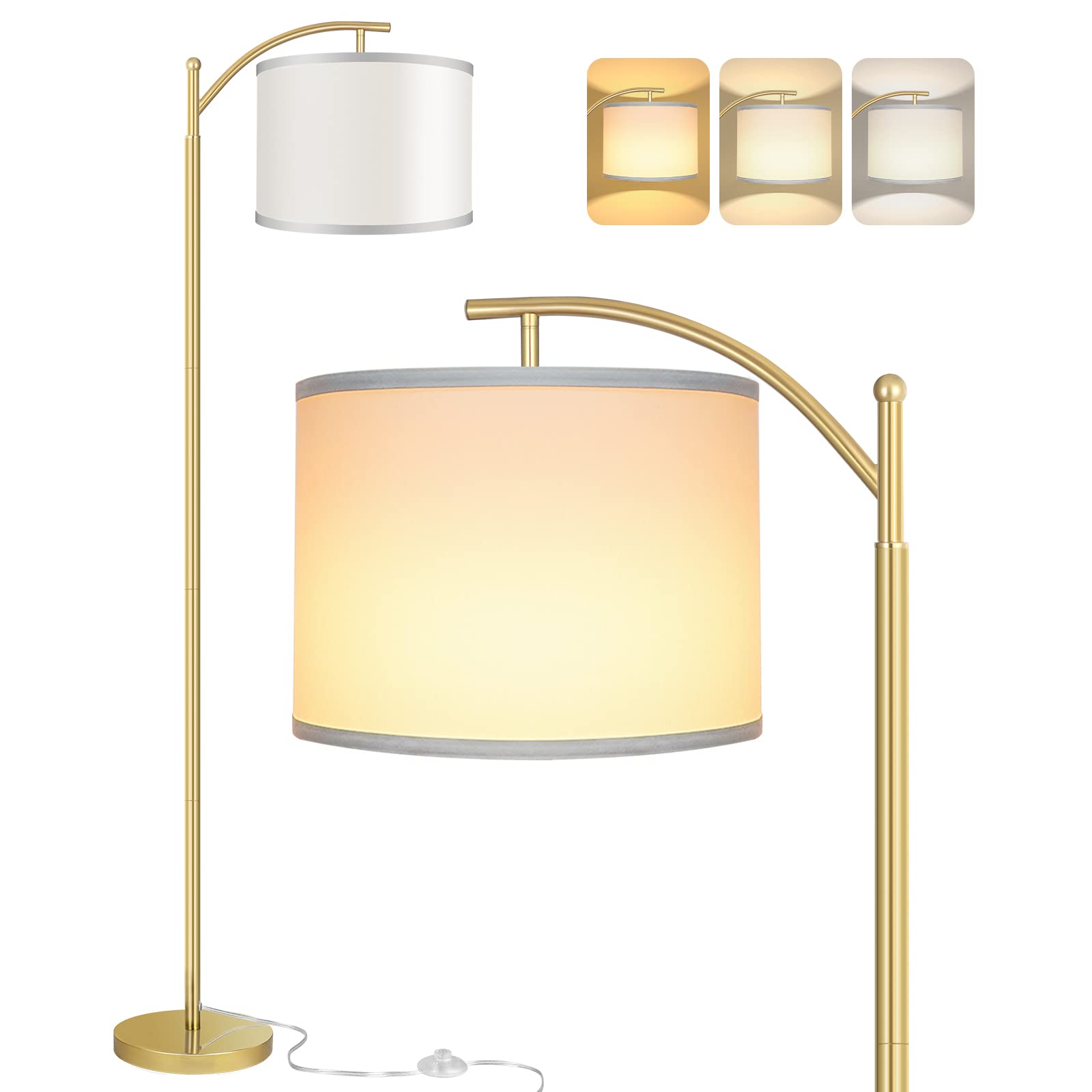 ROTTOGOON Modern LED Floor Lamp with White Shade - 9W Bulb Included, Industrial Standing Light for Living Room, Bedroom, Office & Study - Gold Finish | Perfect for Reading, Working & Ambient Lighting