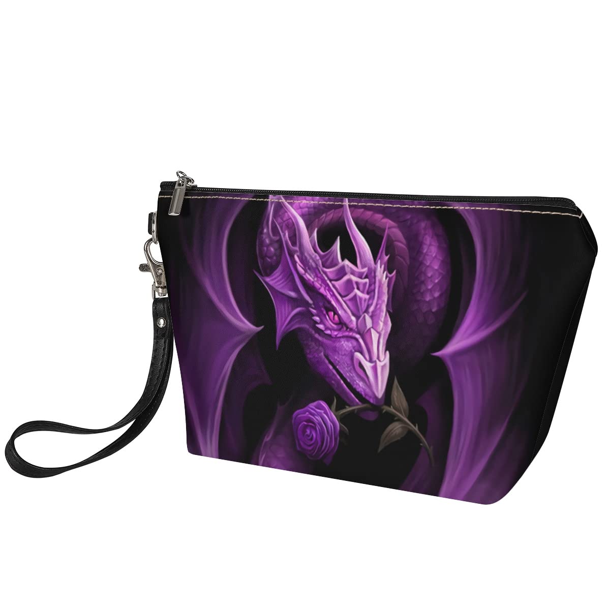 Premium Leather Makeup Bag for Women - Small Cosmetic Organizer with Zipper, Travel Toiletries Pouch, Mini Purse Clutch for Girls (Purple Dragon, Large) - Perfect for Travel, Gym, and Daily Essentials Storage