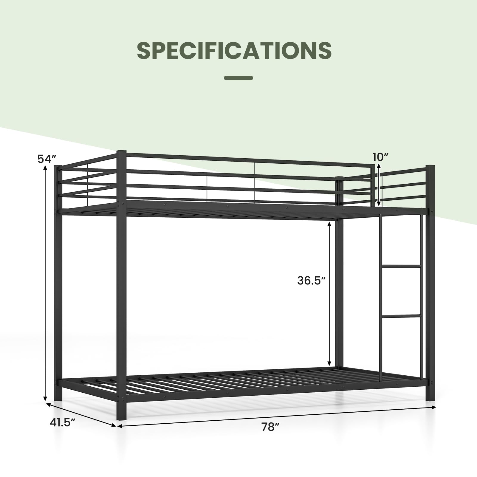 Metal Twin Over Twin Bunk Bed with Ladder & Safety Rail - Sturdy Moccha Black Frame for Kids, Teens & Adults - Perfect for Space-Saving Kids' Rooms, Guest Rooms & Small Apartments