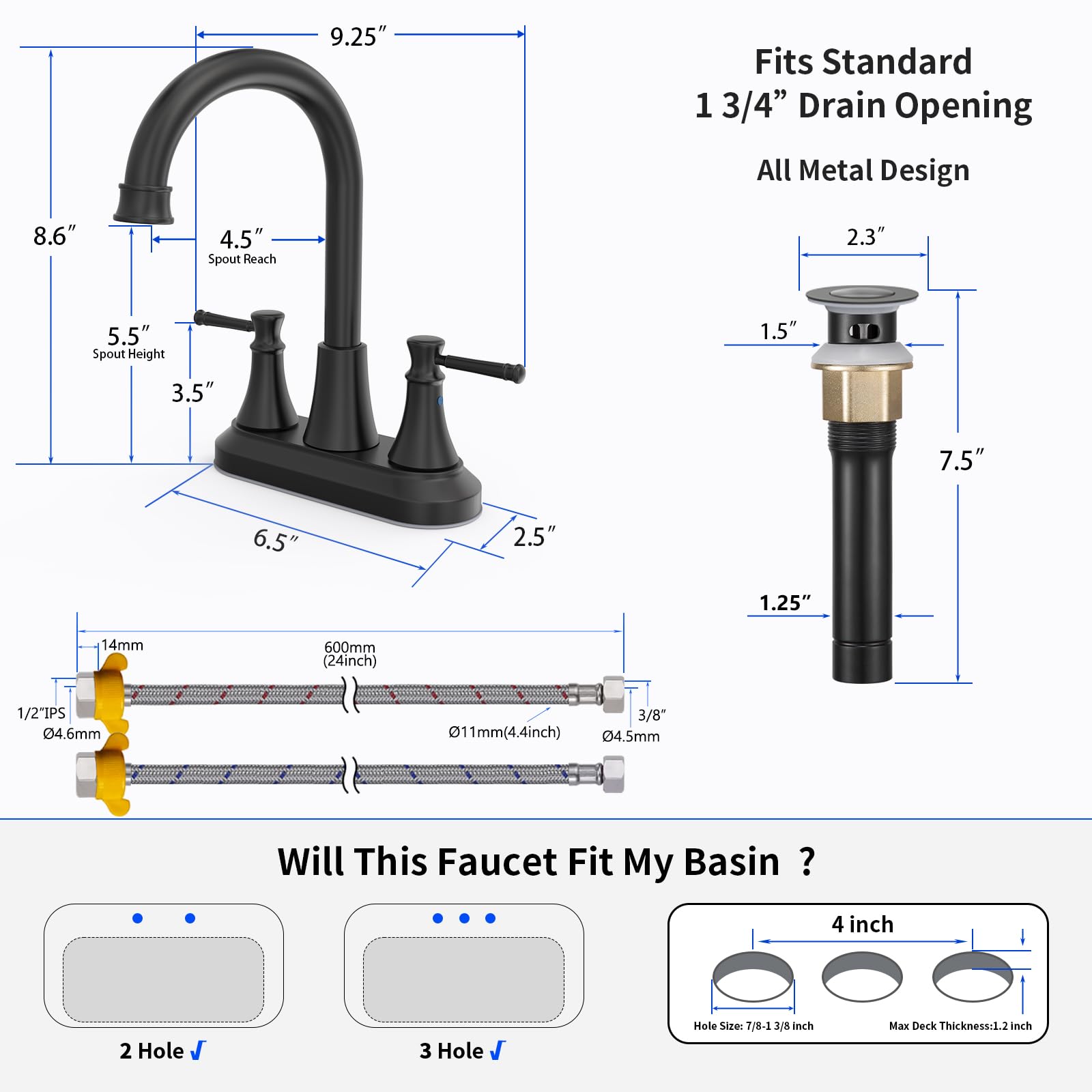 GOWIN 4 Inch 2-Handle Centerset Bathroom Sink Faucet with Pop-Up Drain - Black 3 Hole Bathroom Faucet with 360° Swivel Spout & Water Supply Lines - Perfect for RV, Tiny Homes & Small Bathrooms