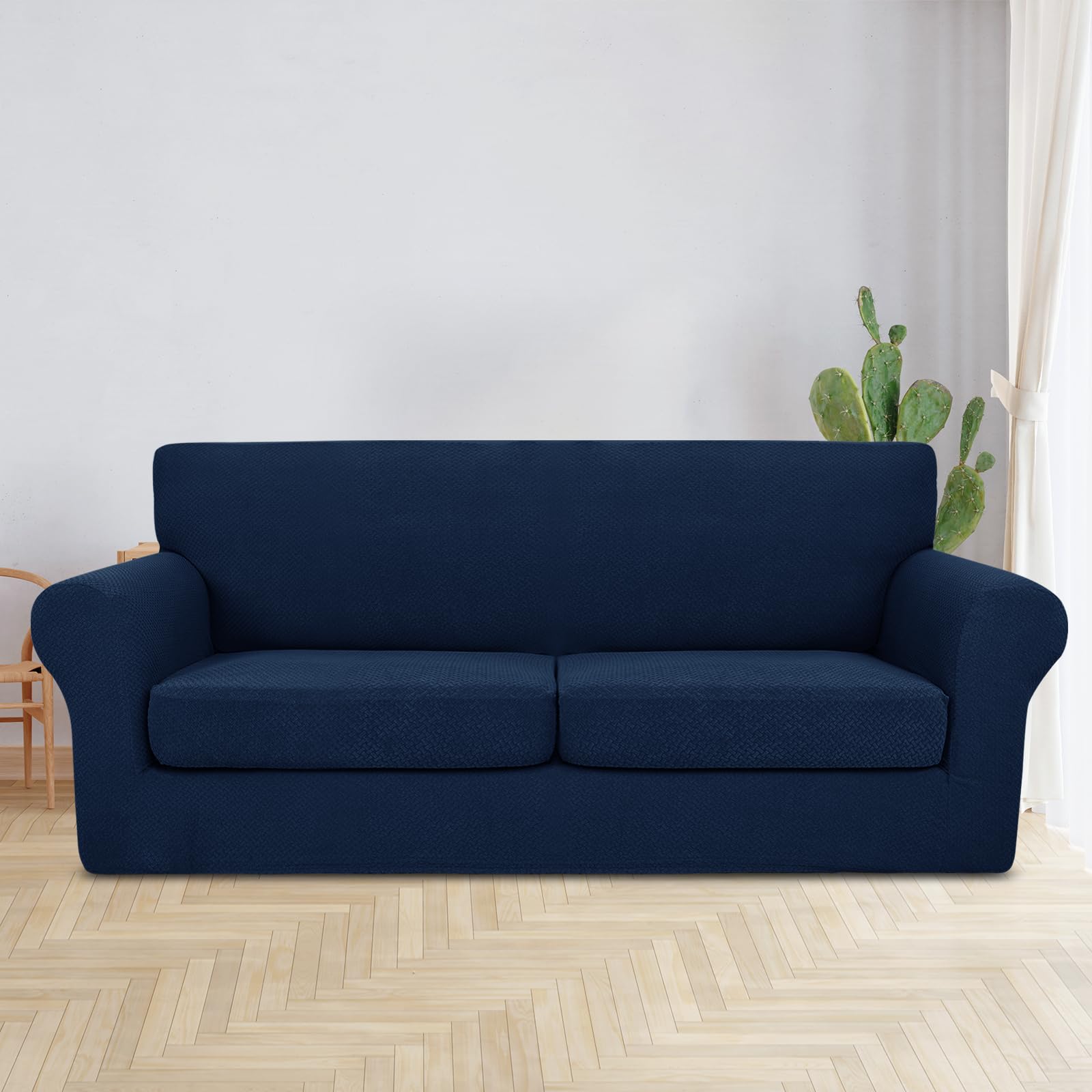 JIVINER 3-Piece Stretch Sofa Slipcover Set for 2-Cushion Loveseat - Includes 2 Extra Large Thick Fitted Seat Covers - Navy Blue Couch Protector for Living Room, Family Room & Apartment Decor